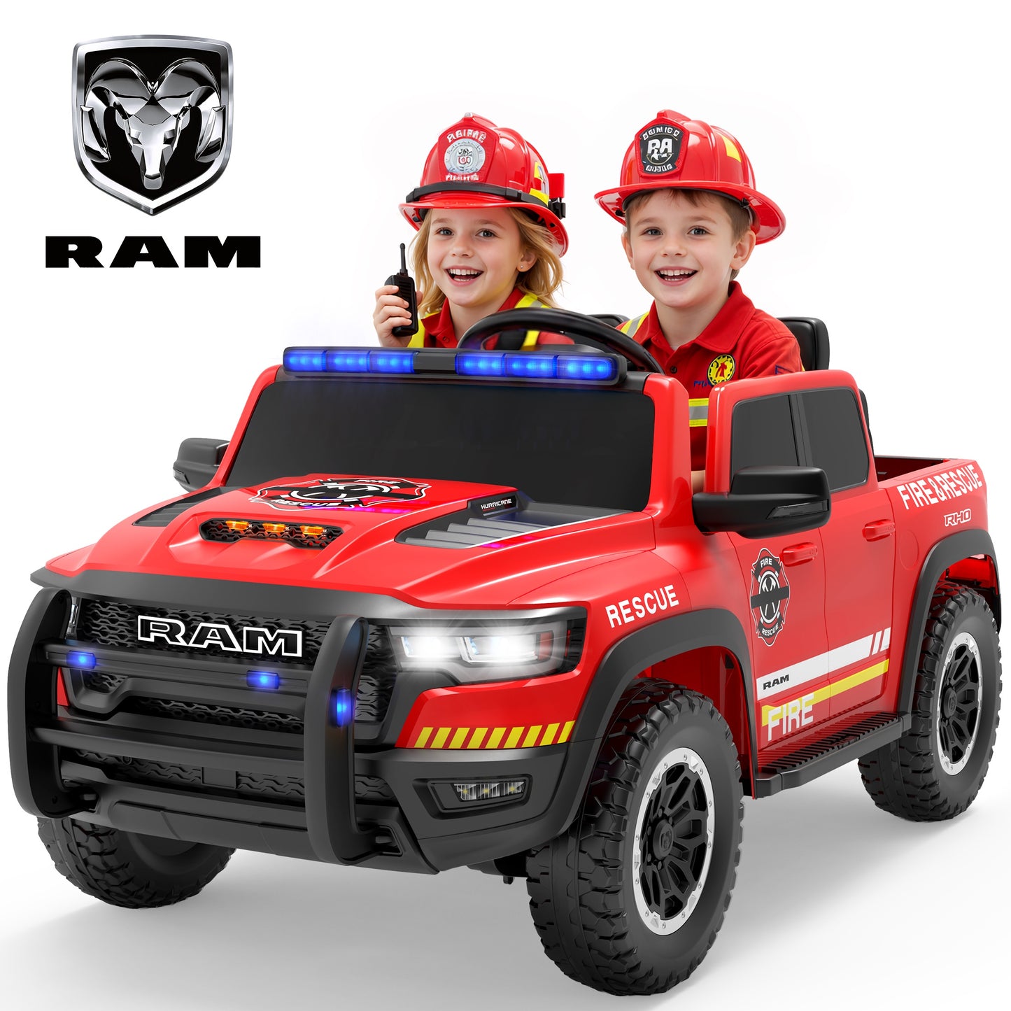 24V Licensed RAM 1500 Ride on Fire Truck for Kids, 2 Seater Ride on Car with Parent Remote Control, Bluetooth, LED Lights, Siren, Rear Storage, 4-Wheel Suspension, Ages 3-8, Red