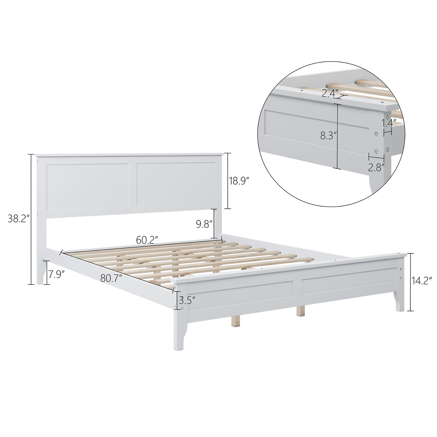 iRerts Queen Platform Bed Frame with Headboard and Footboard, Solid Wood Bed Frames Queen Size with Slats Support, Oak Top, Modern Queen Bed Frame No Box Spring Needed for Kids Adults, White