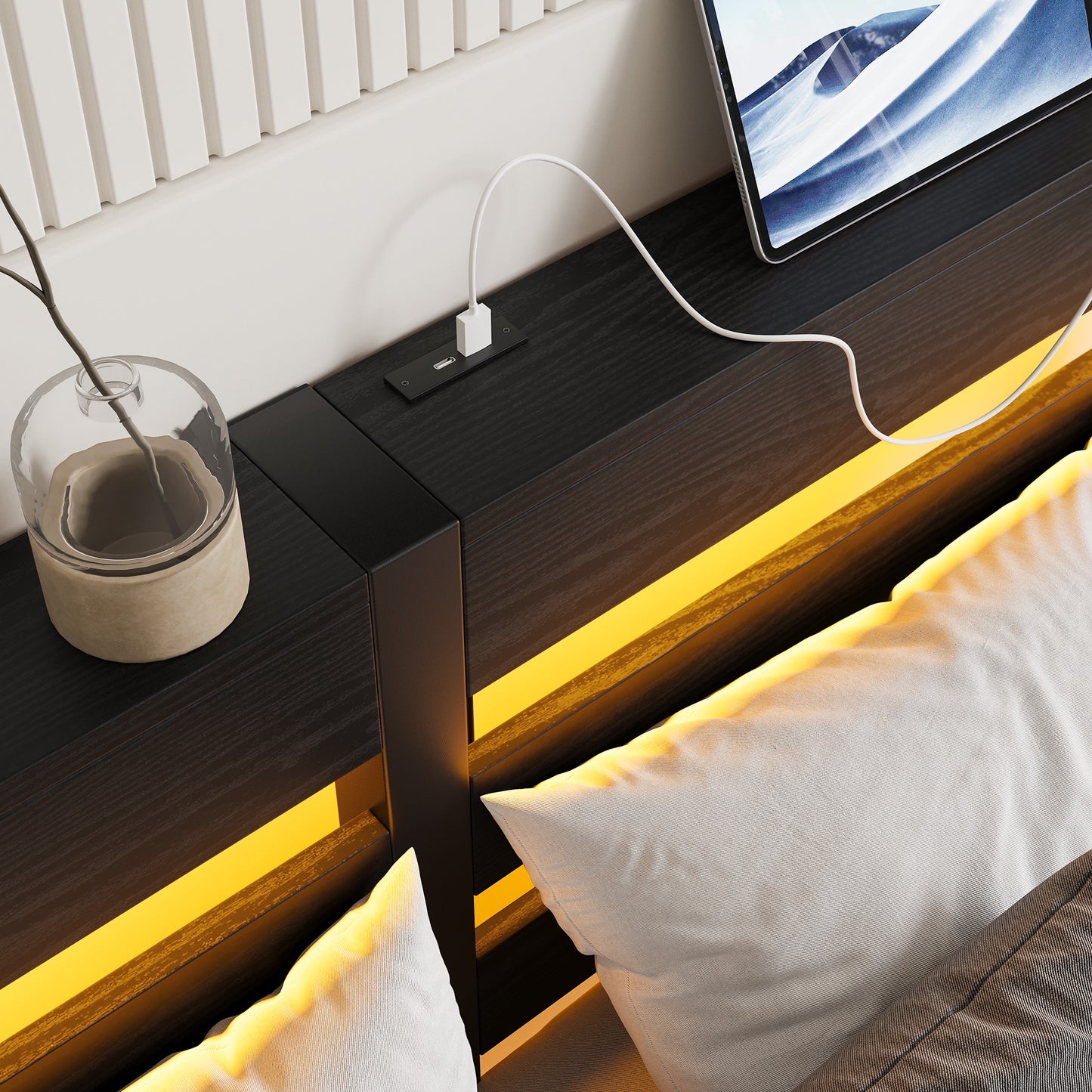 iRerts Full Bed Frame with Headboard, Metal Platform Bed Frame Full Size with USB Charging Station, LED Lights, Steel Slats, LED Bed Frame No Box Spring Needed for Bedroom Furniture, Black