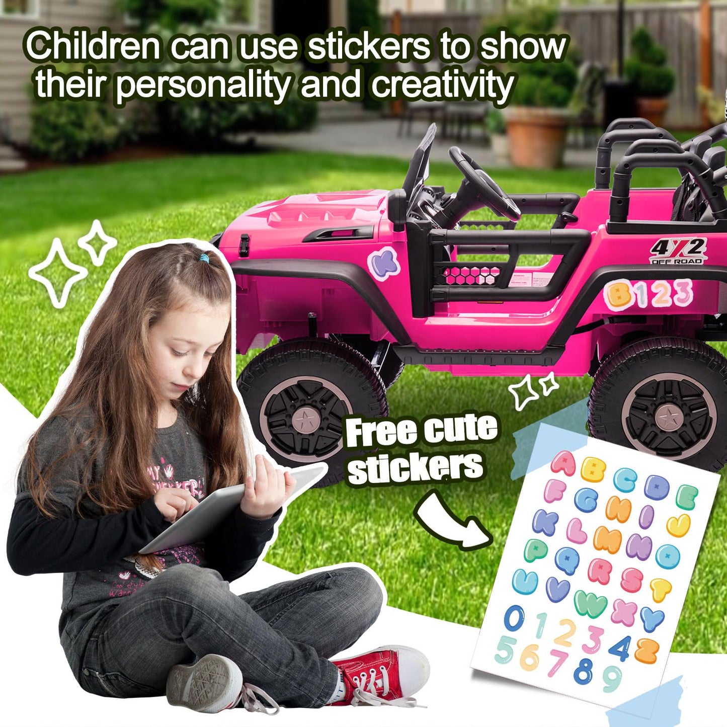 iRerts 24V 2 Seater Ride on Car, Powered Ride on Toys for Bid Kids Boys Girls Gifts, Kids Car Electric Vehicle with Remote Control, Music, Bluetooth, LED Light, USB/MP3 Port, 4 Wheel Suspension, Pink