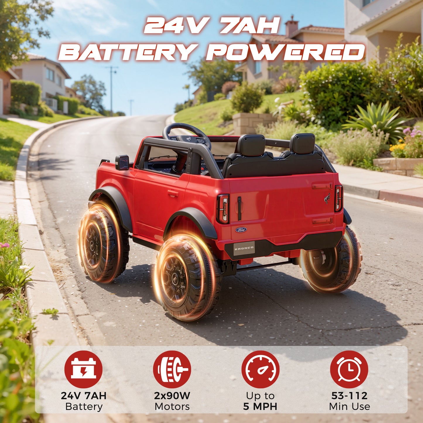 iRerts 2 Seater Ride on Cars, Licensed Ford Bronco Base 24V Ride on Toys for Big Kids Ages 3-8, Powered Kids Car Electric Vehicle with Remote Control, Bluetooth, LED Lights, 4 Wheel Suspension, Red