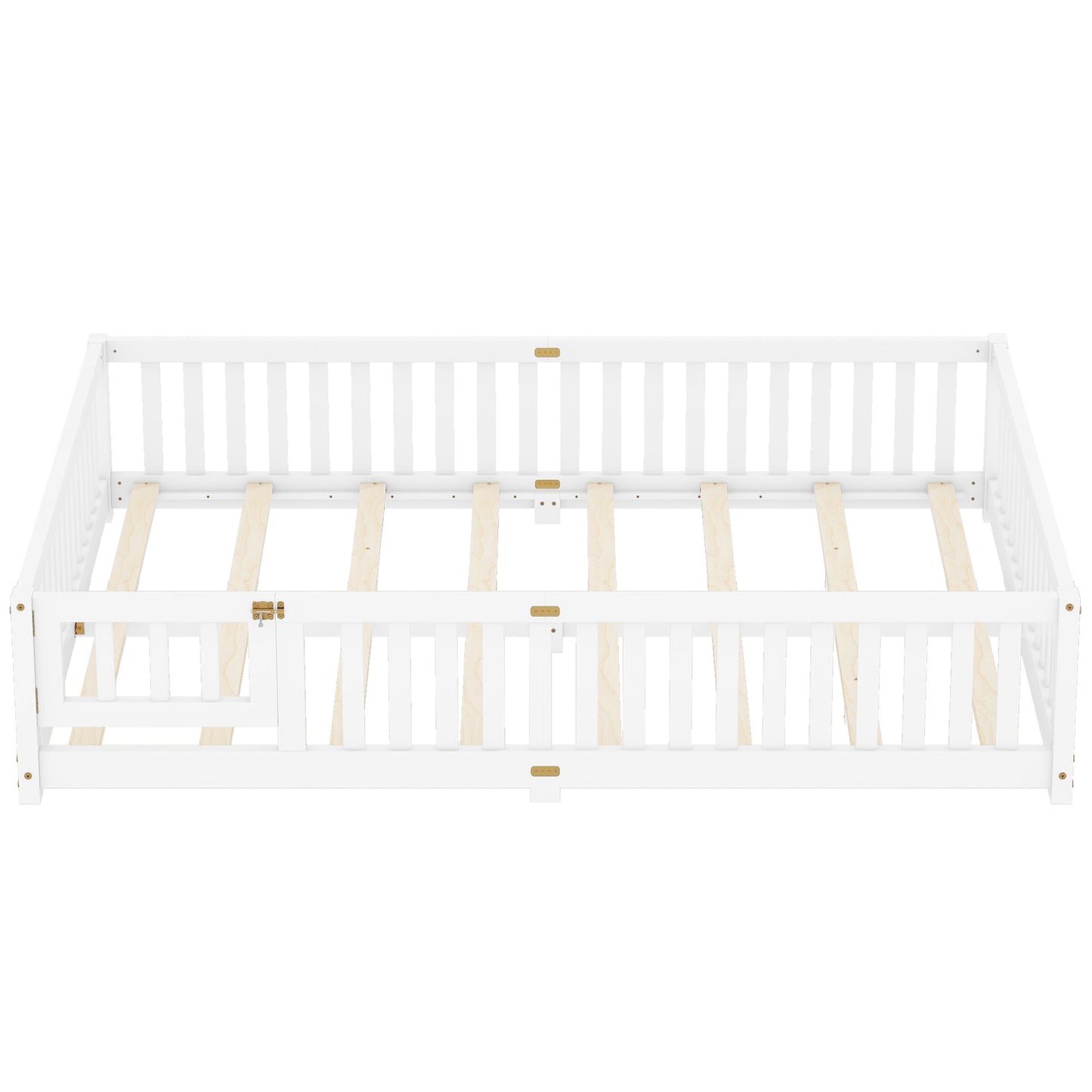 iRerts Queen Floor Bed Frame for Toddlers Kids, Wood Queen Montessori Bed Frame with Slats, Fence, Door, Kids Montessori Bed Queen Size, Queen Toddler Bed Frame for Boys Girls, White