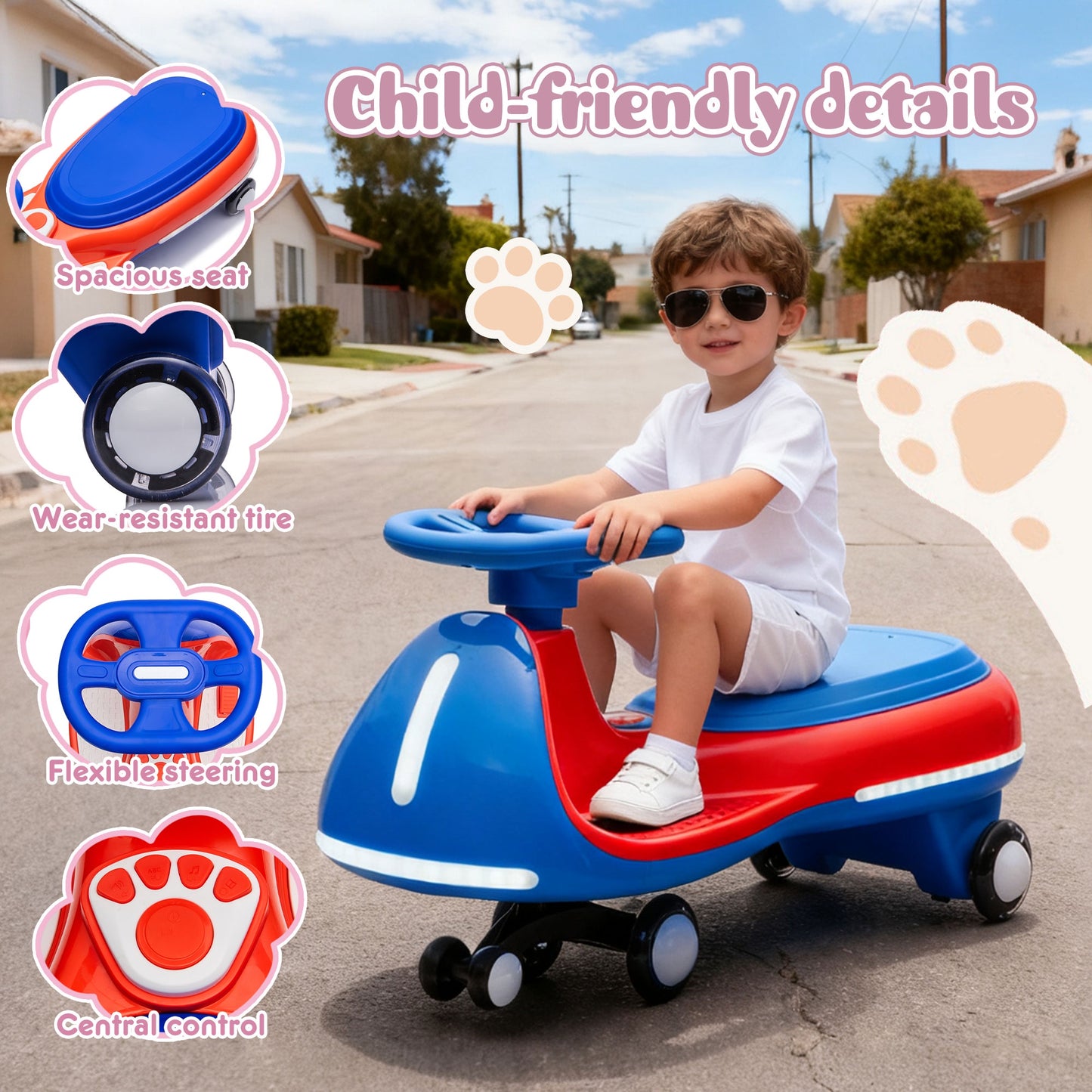 12V Electric Wiggle Car, Powered Ride on Toys for Kids with Flashing PU Wheels, Bluetooth Music, 2-in-1 Swing Car Kids Electric Vehicles for Boys Girls Ages 3+, Blue+Red