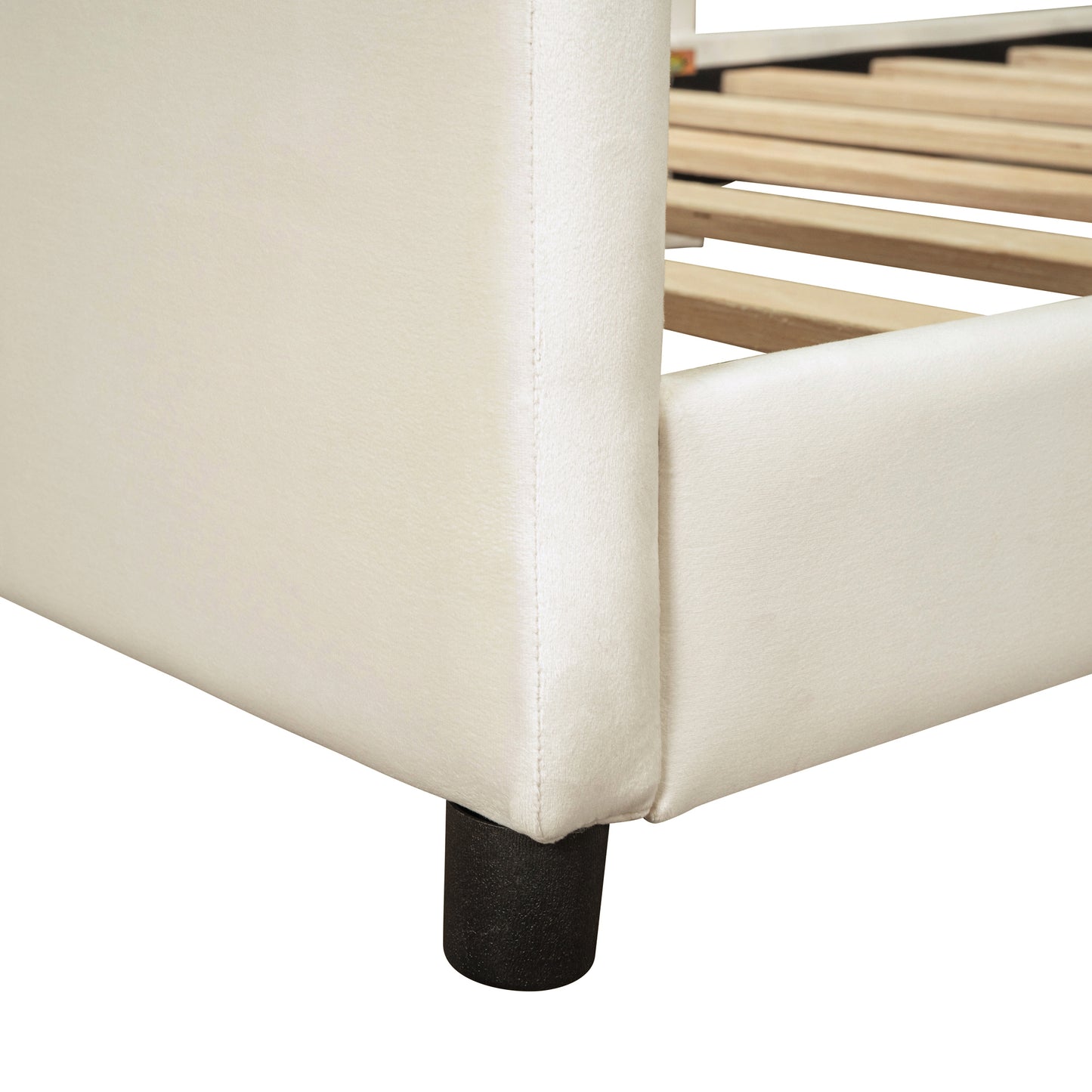 iRerts Upholstered Twin Daybed Frame for Kids, Velvet Twin Platform Bed Frame with Rabbit Ear Shaped Headboard and Footboard, Wood Twin Size Sofa Bed for Girls Boys, Beige