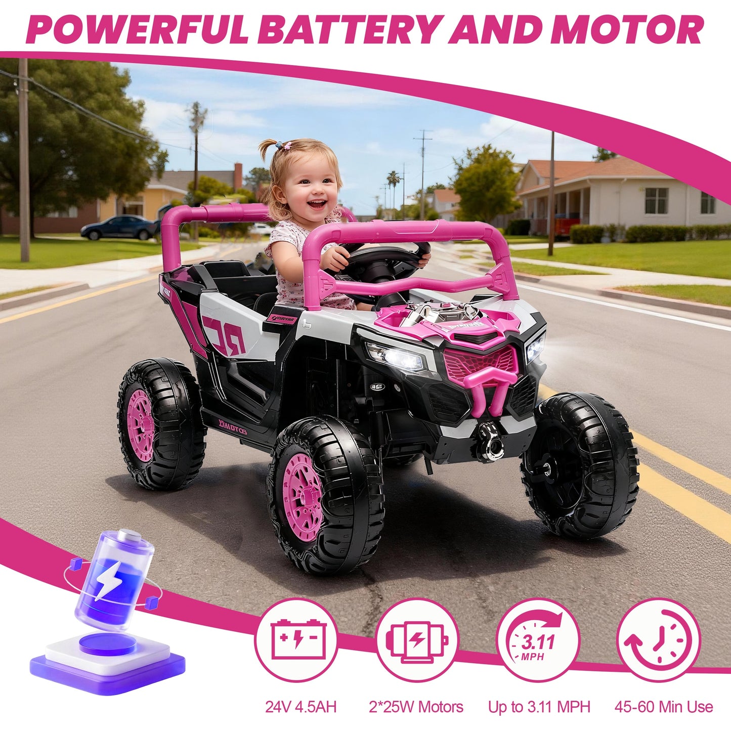 iRerts 12V Electric Ride on UTV, Powered Ride on Cars with Parent Remote Control, LED Lights, Music Player, Front Shock Absorbers, Ride on Toys for Kids Boys Girls Ages 3-4, Pink