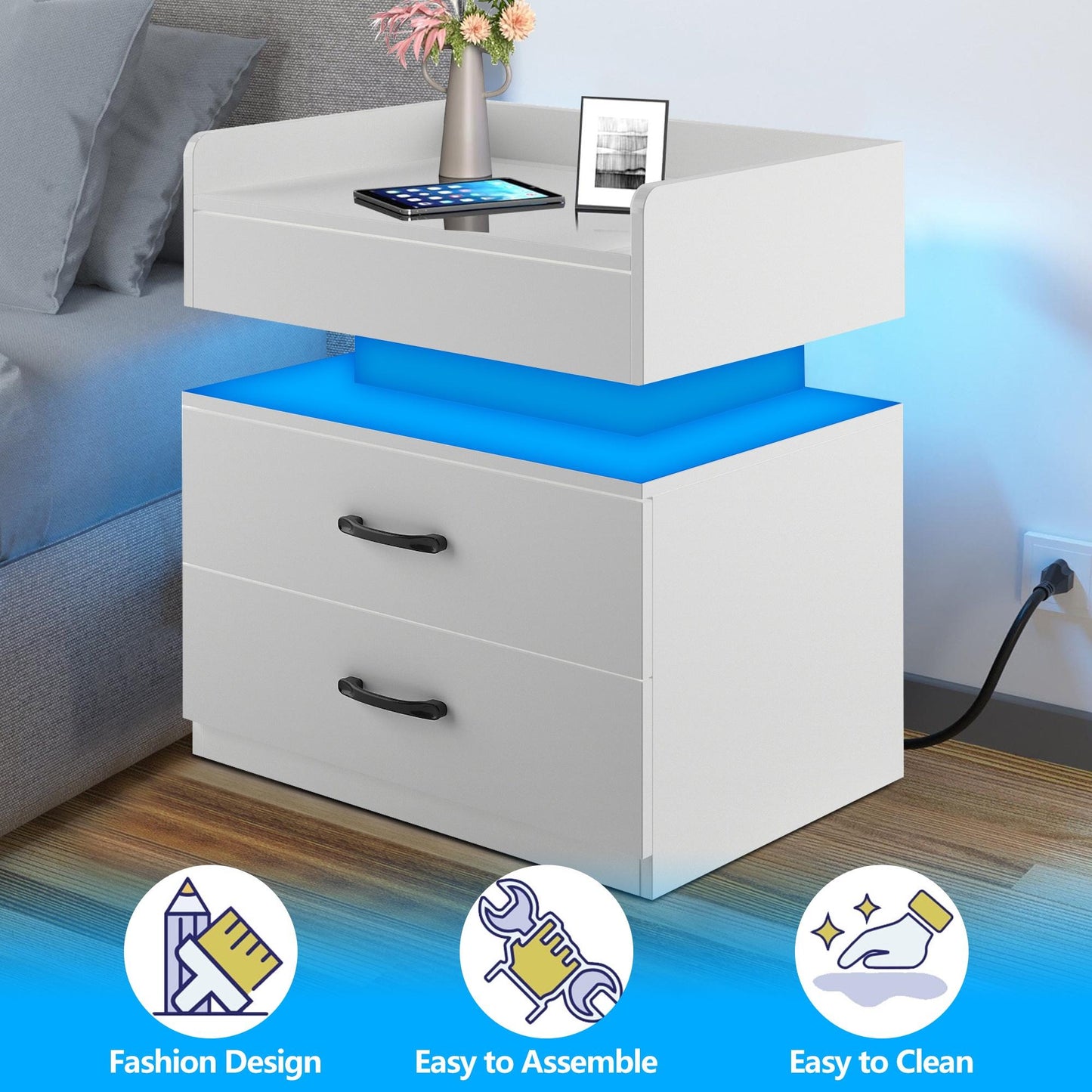 iRerts Bedside Table with Charging Station, Wood High Gloss Nightstand for Bedroom with Plug Outlet, 2 USB Ports, 2 Drawers, 16 LED Lights, Modern Night Stands End Side Table for Bedroom Office, White