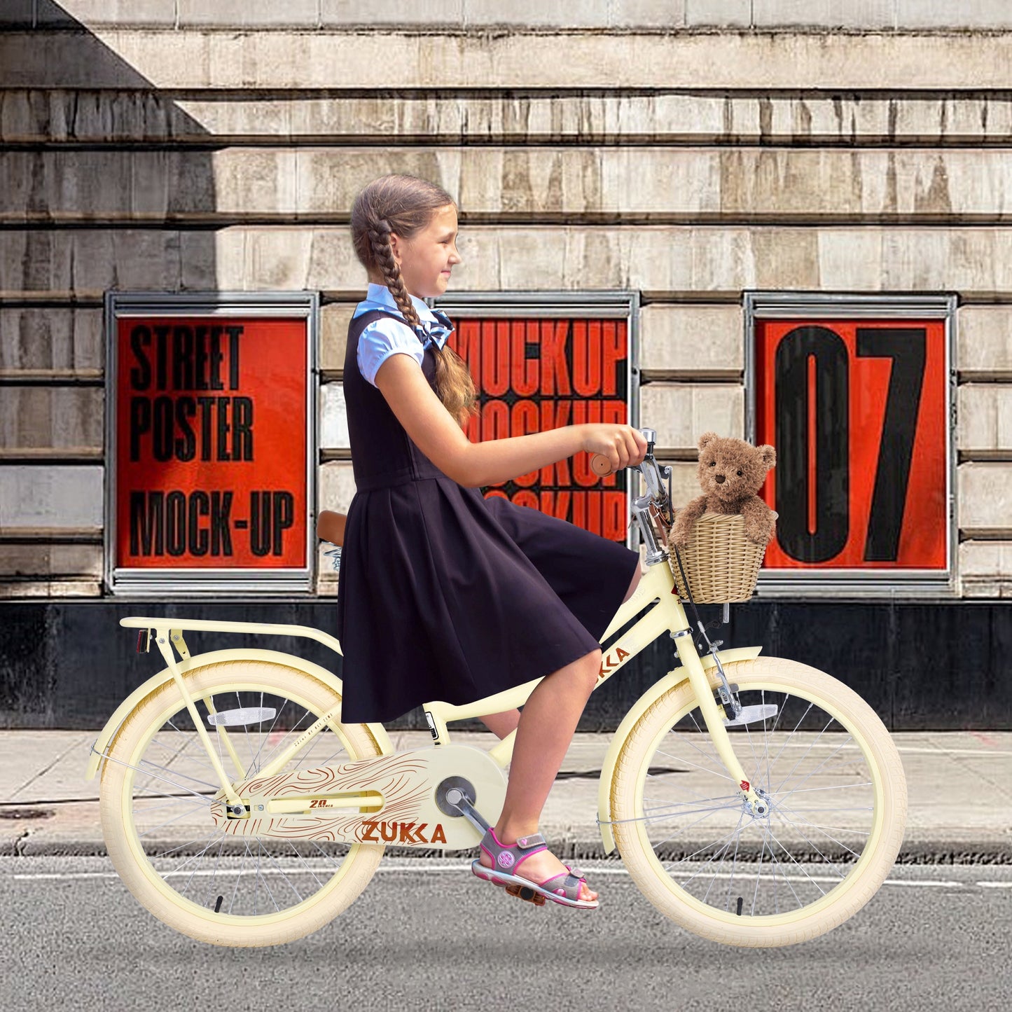 iRerts Girls Bike for 7-10 Years Old Kids, 20 Inch Bike with Basket, Brown Leather Saddle, Coaster Brakes, Retro Style Girls Bicycle Kids Cycle Bikes, Kids Bicycle for Gifts, Yellow