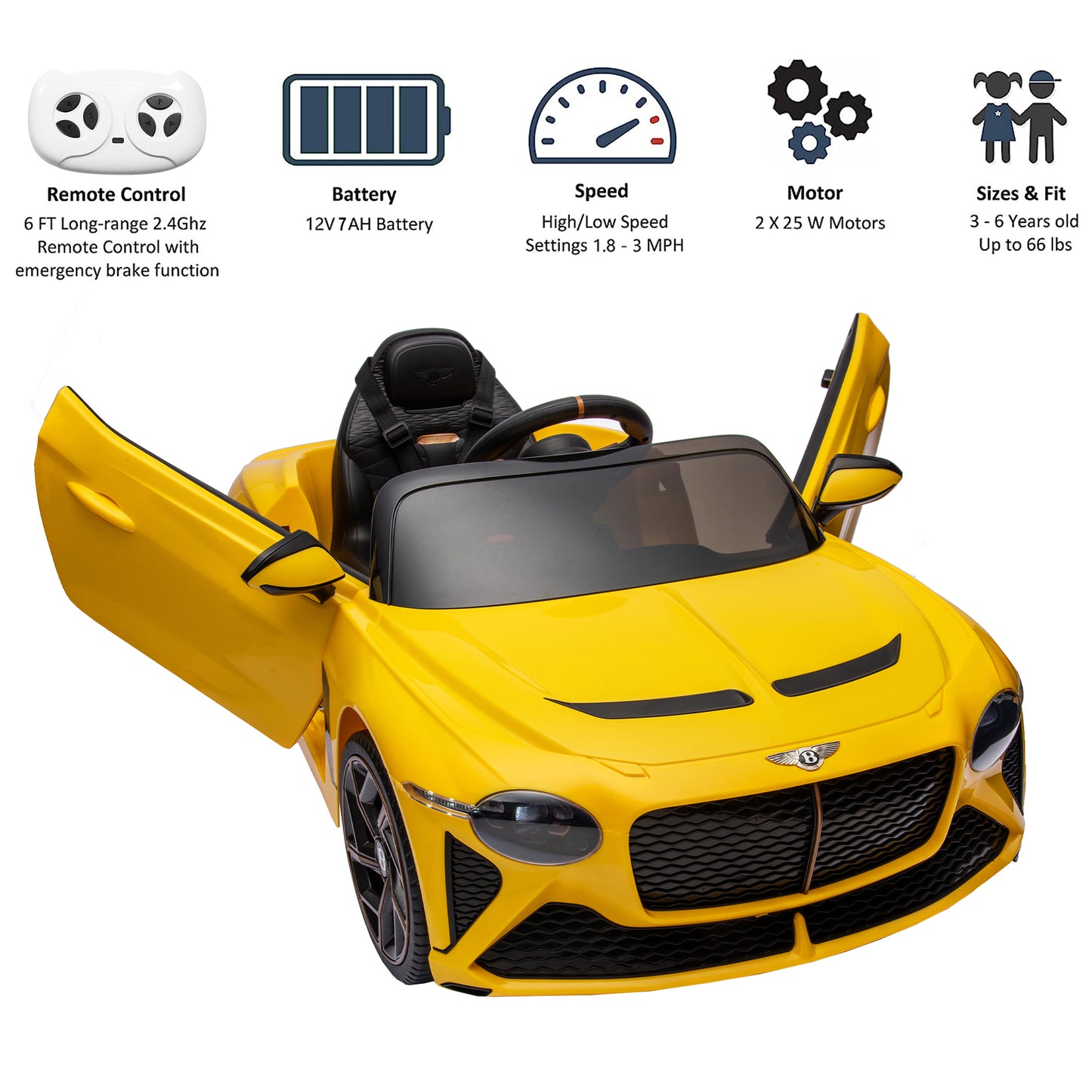 12V Ride On Car with Remote Control, Licensed Bentley Mulsanne Kids Electric Car with Bluetooth, Music, USB, MP3, LED Light, Battery Powered Electric Ride On Vehicle for Boy Girl Birthday Gift, Yellow