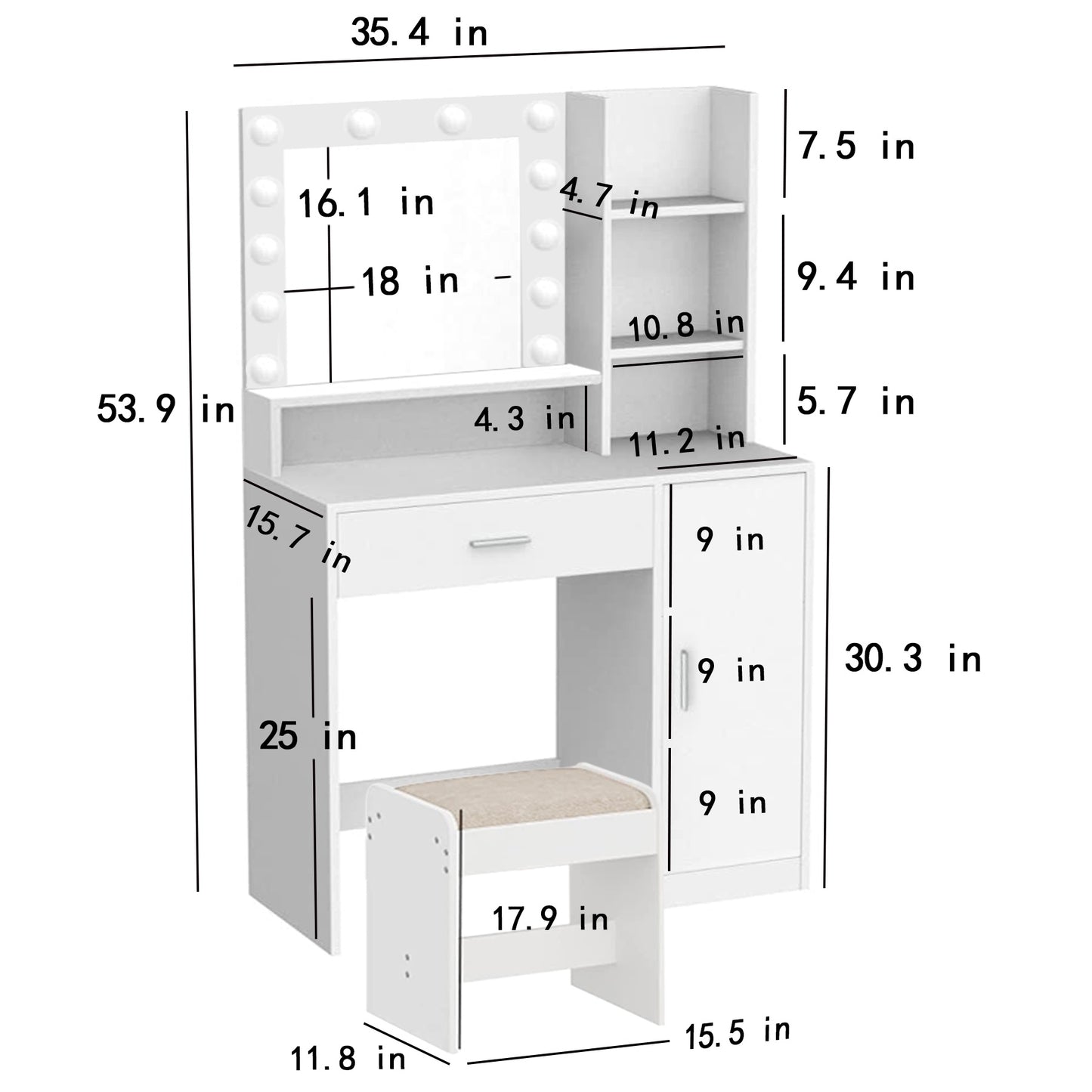 iRerts Vanity Desk with Mirror and LED Lights, White Makeup Table with Stool, Large Drawer and 3 Storage Dressers, 3 Lighting Modes Adjustable Brightness, Makeup Table Set Dressing Table for Bedroom