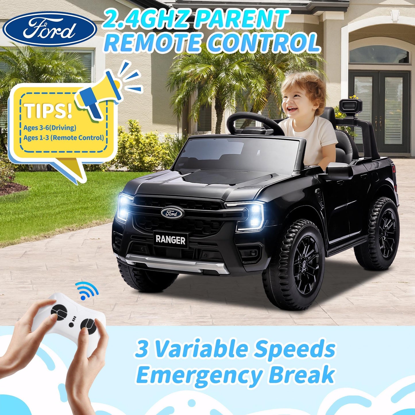12V Ride on Cars with Remote Control, Ford Ranger Electric Cars for Kids with Bluetooth, Music, USB Port, Horn, LED Lights, Battery Powered Ride on Toys for Kids Boys Girls 3-6 Ages Gifts, Black