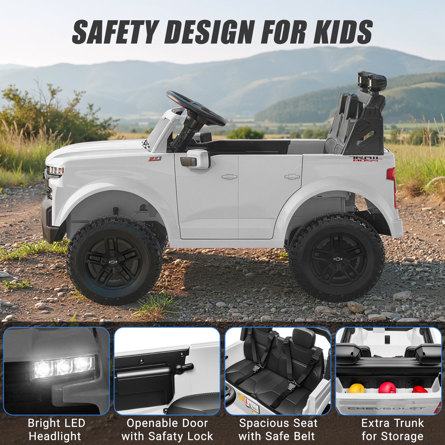 24V Powered Ride on Toys Car, Licensed Chevrolet Silverado 2 Seater Ride on Cars with Remote Control, Spring Suspension, LED Lights, Bluetooth Music, Toddler Electric Car for Kids Ages 3+, White