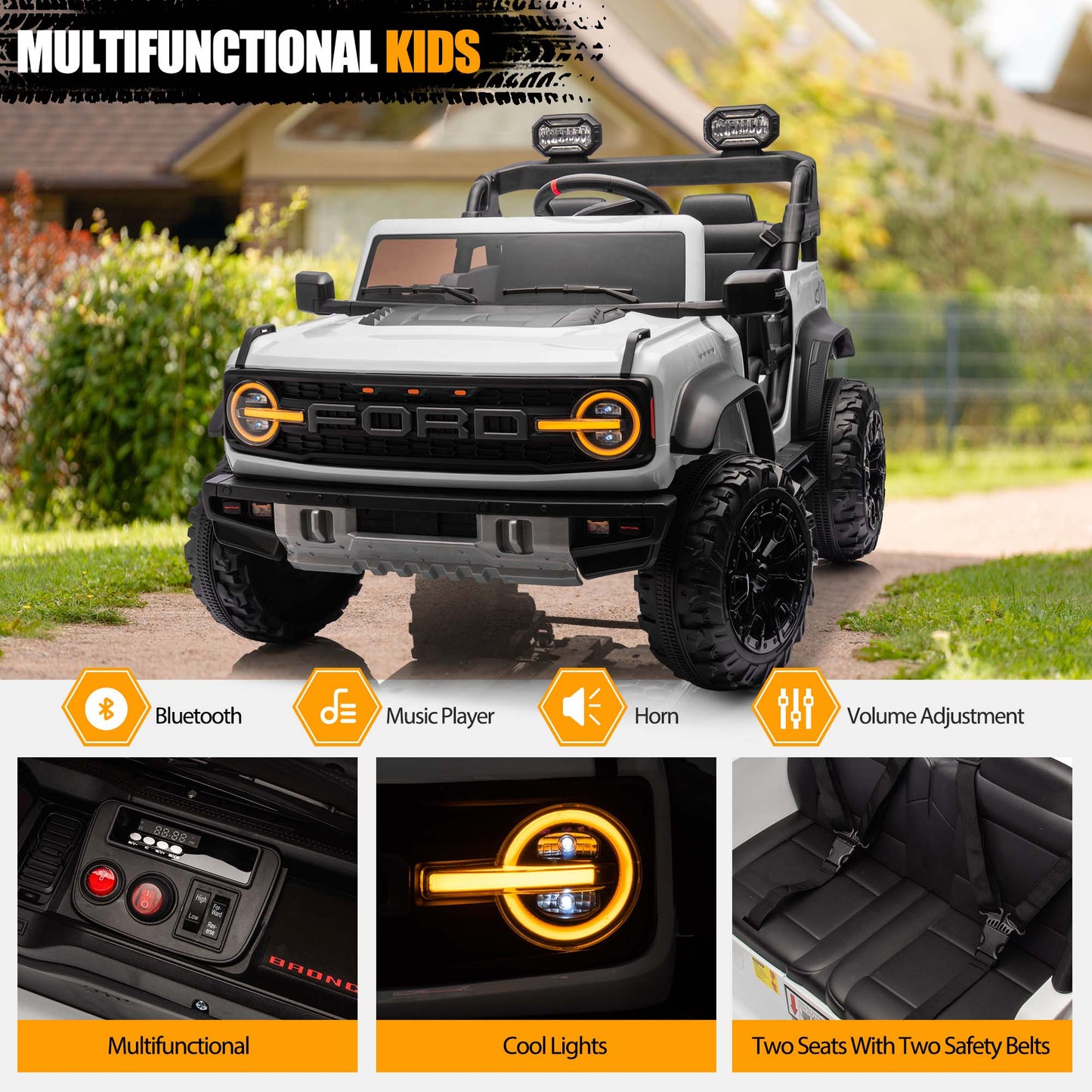 Ford Bronco Raptor 24V Ride on Toys, 2 Seater Ride on Cars with Remote Control, Bluetooth Music, Spring Suspension, Battery Powered Electric Car for Kids Ages 3-8, White