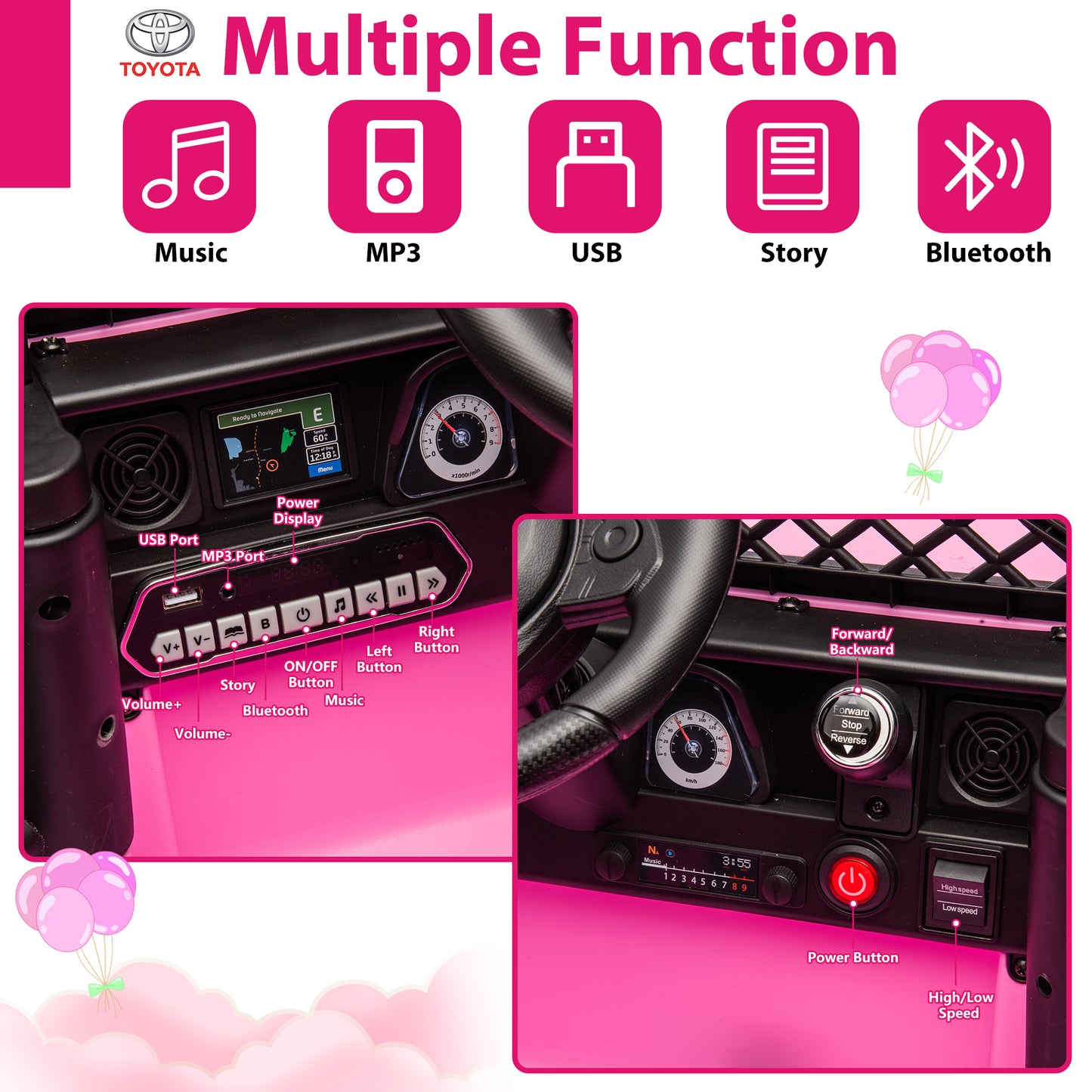 12V Ride on Cars with Remote Control, Licensed Toyota FJ Cruiser Ride on Trucks Vehicle with Bluetooth, Music, MP3/USB Port, Battery Powered Ride on Toys for Kids Boys Girls Birthday Gift, Pink