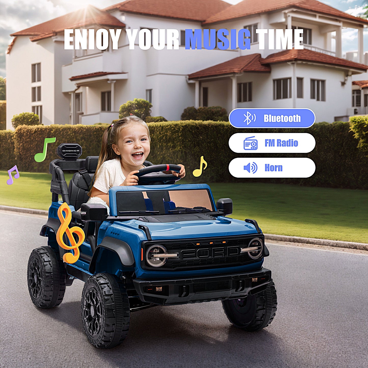 iRerts 12V Ride on Cars, Licensed Ford Bronco Raptor Toddlers Ride on Toys with Parental Remote Control, Bluetooth, FM Radio, LED Lights, Electric Car for Kids Boys Girls Ages 3-6,Blue