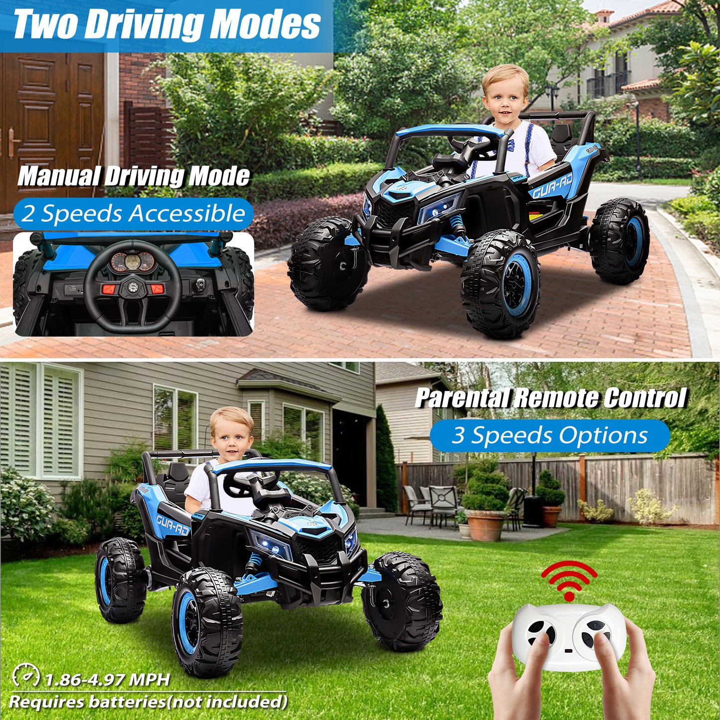 iRerts Blue 24V Battery Powered Ride on UTV Cars for Boys Girls, Kids Ride on Toys with Remote Control, Music, LED Light, USB, Bluetooth, Large Seat Kids Electric Vehicle for Christmas Birthday Gifts
