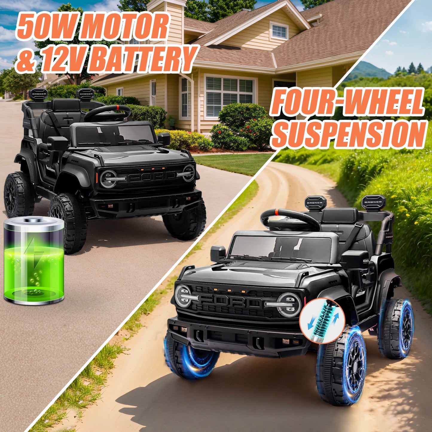 12V Powered Ride on Car, Ford Bronco Raptor Ride on Toys with Remote Control, Battery Powered Ride on Trucks with Bluetooth Music, LED Light, Kids Car Electric Vehicle for Boys Girls Gifts, Black