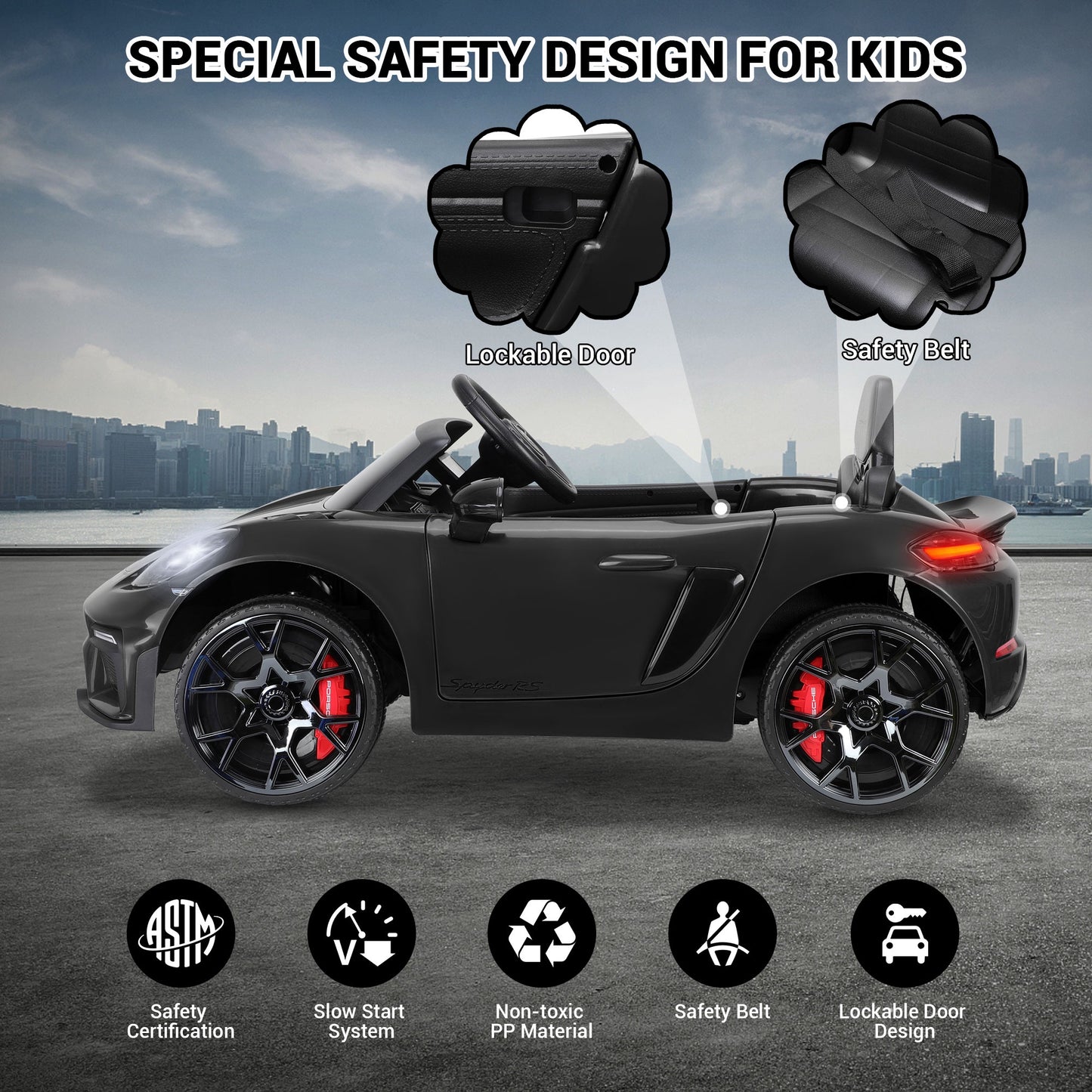 12V Powered Ride On Toys, Licensed Porsche 718 Ride on Car for Kids Boys Girls Christmas Gifts Ages 3-5, Kids Cars Electric Vehicle with Remote Control, Bluetooth, Music, LED Light, 4 Wheeler, Black