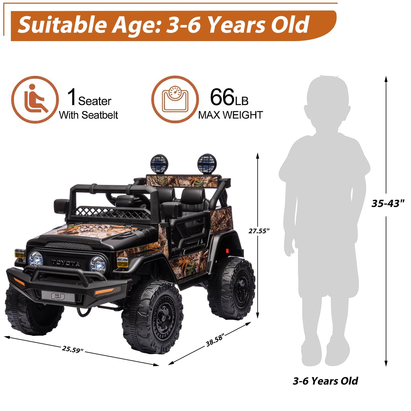 12V Ride on Cars with Remote Control, Licensed Toyota FJ Cruiser Ride on Trucks Vehicle with Bluetooth, Music, MP3/USB Port, Battery Powered Ride on Toys for Kids Boys Girls Birthday Gift, Black