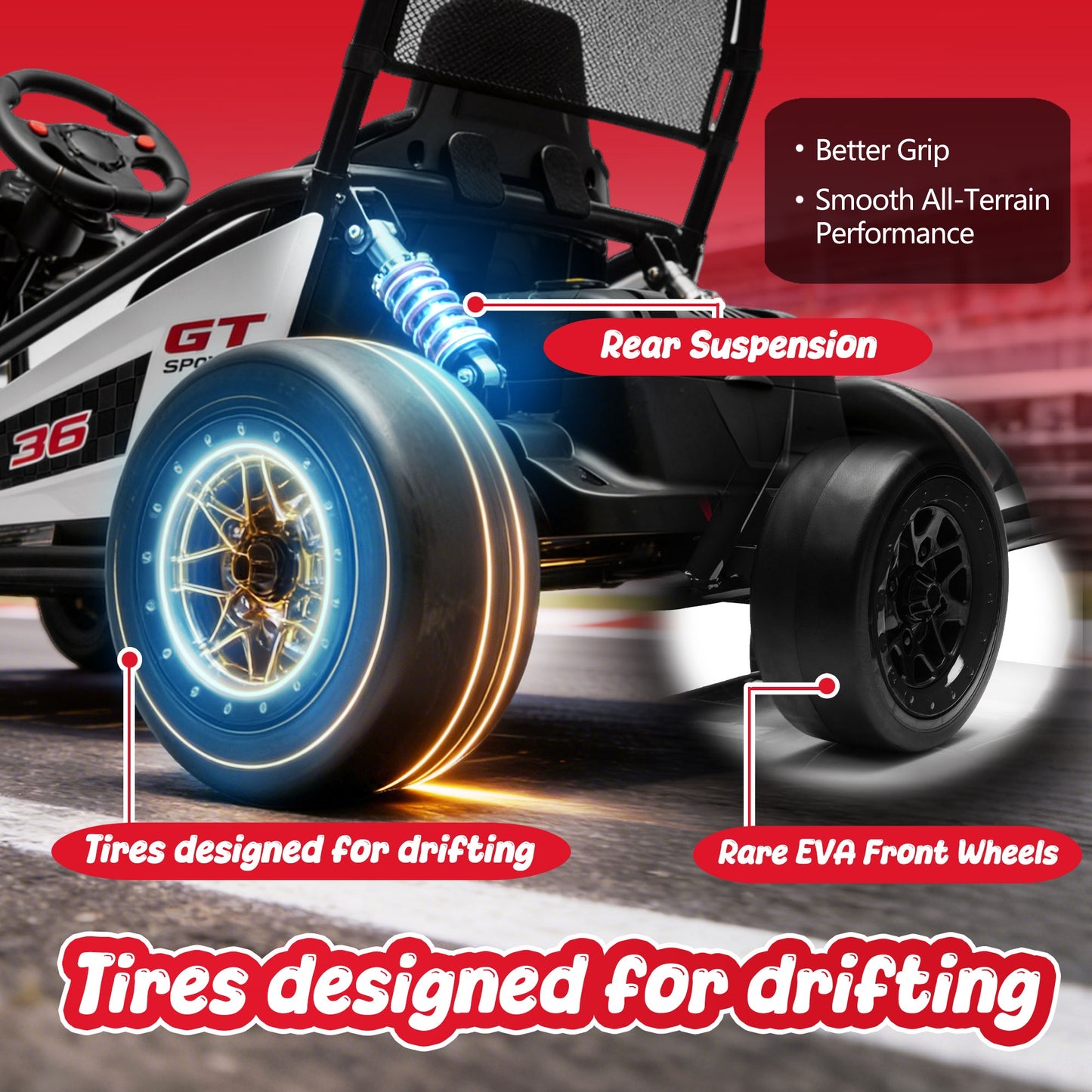 24V Powered Ride on Toys, iRerts Electric Go Kart with Drift Mode, Bluetooth Music, EVA Front Tires, Rear Wheel Suspension, Max Speed 7.5 MPH, Crazy Go Cart Electric Car for Kids 6-12 Ages, Black