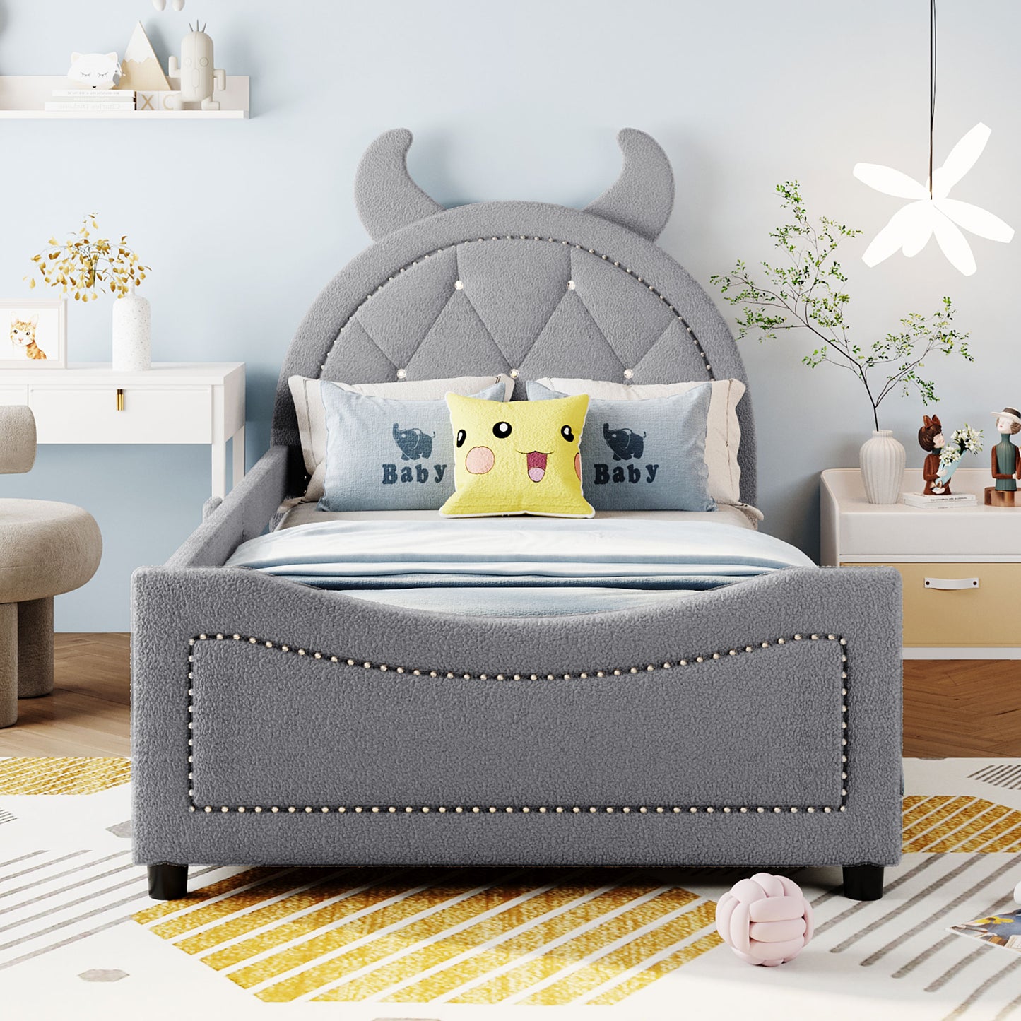 iRerts Twin Size Upholstered Daybed Frame for Kids, Teddy Fleece Twin Platform Bed Frame with OX Hor Shaped Headboard and Footboard, Wood Twin Size Sofa Bed for Girls Boys, Gray