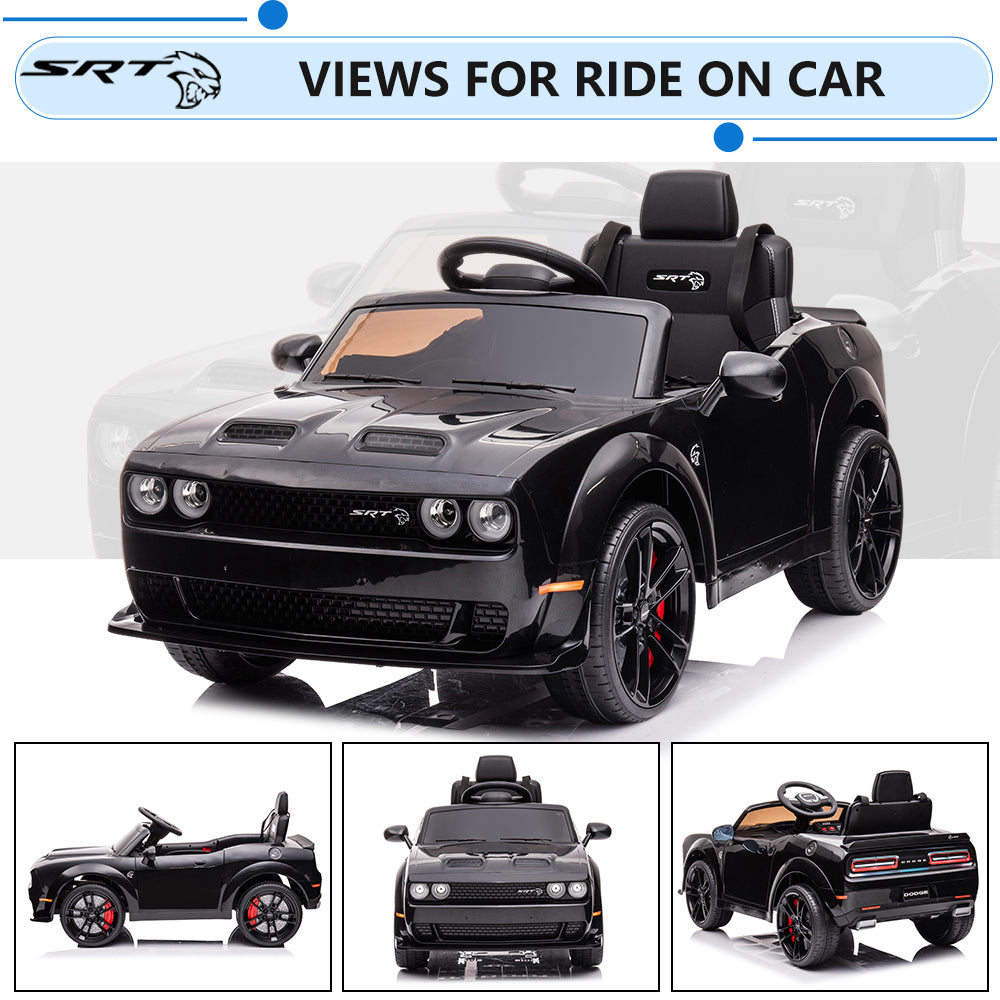 Dodge Challenger 12V Ride On Cars with Remote Control, kids Electric Car with Bluetooth, LED Light, USB, MP3, Battery Powered Ride on Toys for 3-5 Years Old Kids Boys Girls Birthday Gifts, Black