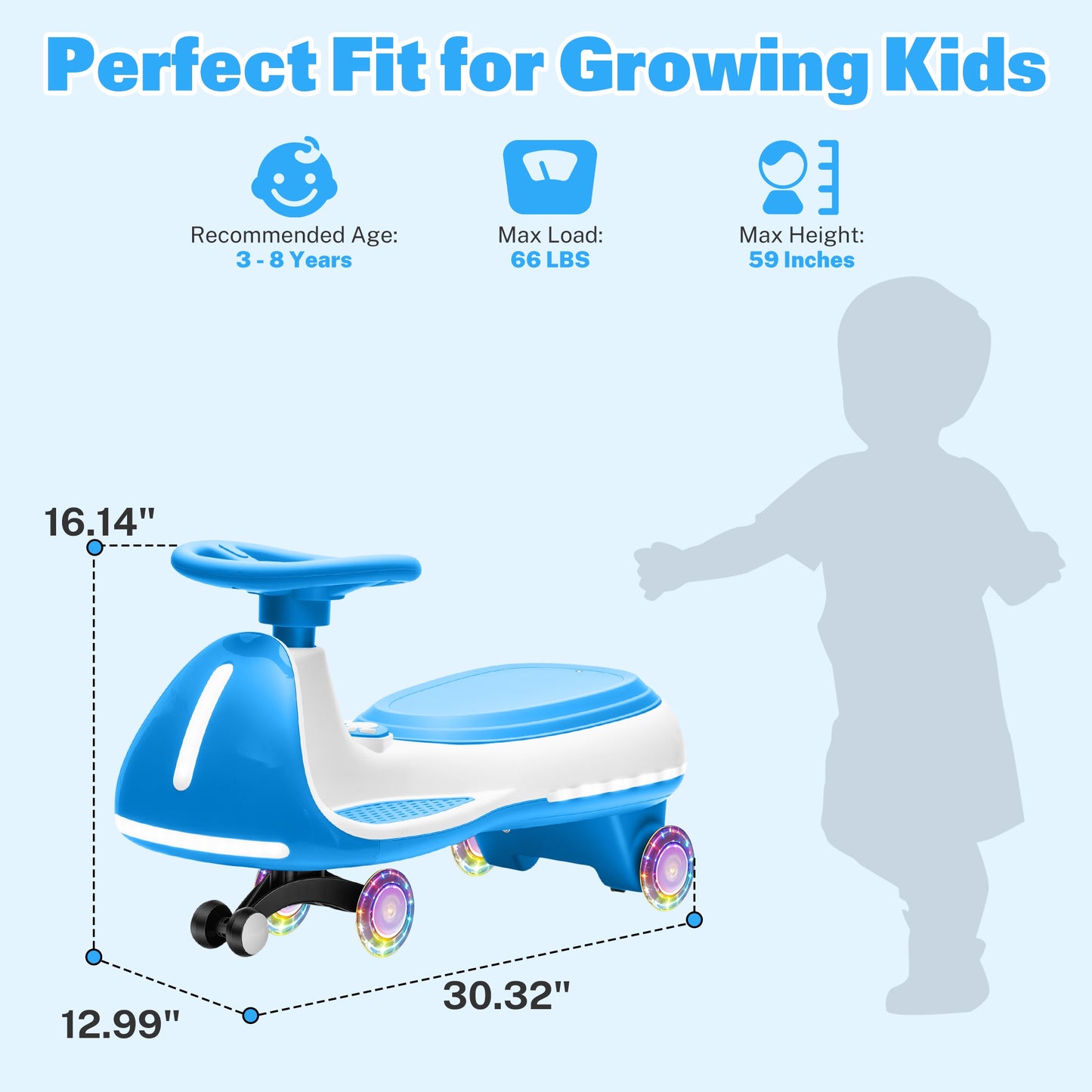 iRerts 12V Ride on Toys, Electric Ride on Wiggle Car with Pedal, 2 in 1 Swing Car Kids Wiggle Car for Toddlers Ages 3+, Kids Cars with Flashing PU Wheels, Bluetooth Music, 5MPH Max Speed, Blue