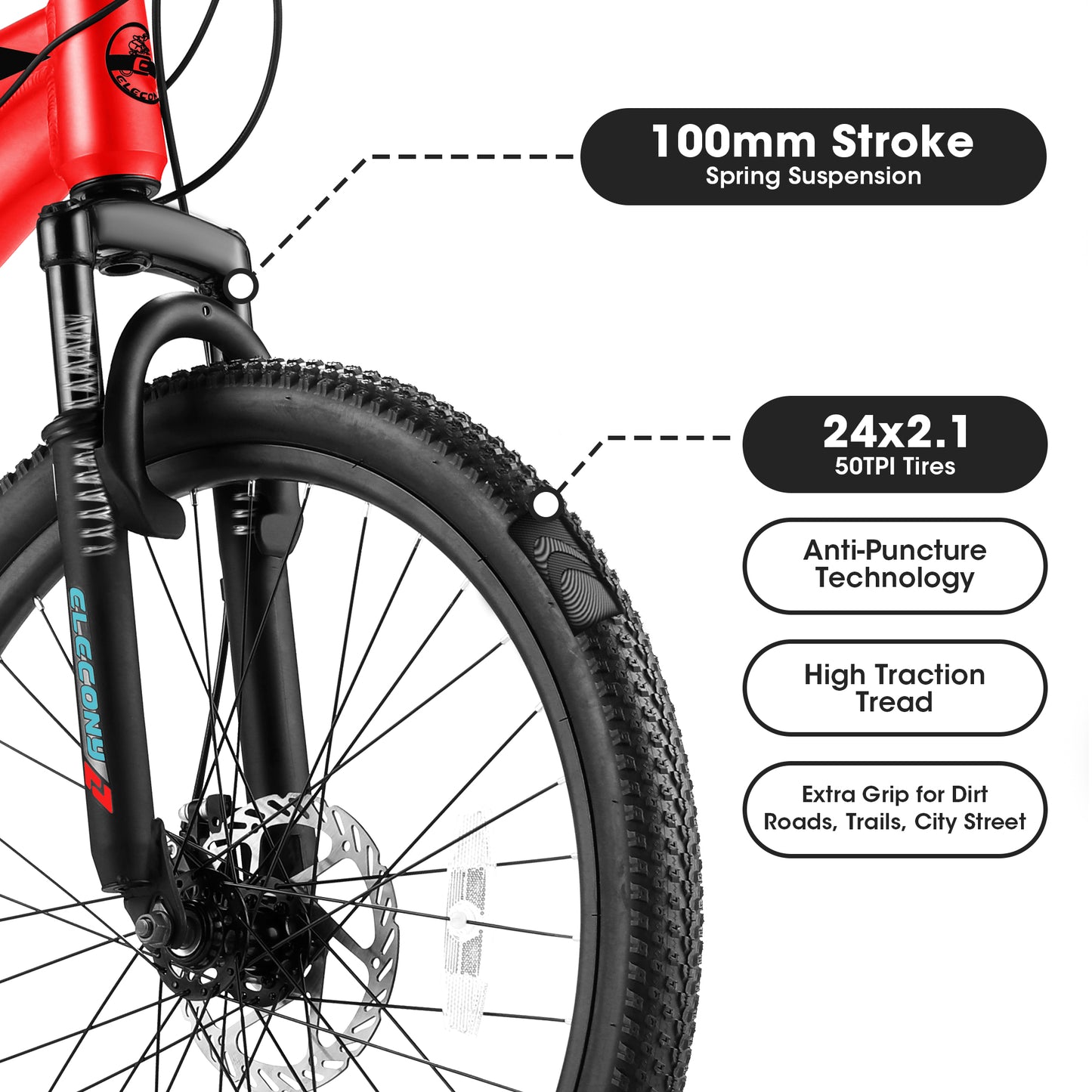 Mountain Bike, iRerts 24 Inch Mens Mountain Bike for Adults Youth, Shimano TZ500 21 Speed Mens Bicycle MTB with Disc Brake, Adult Bicycles for Men Women, Red
