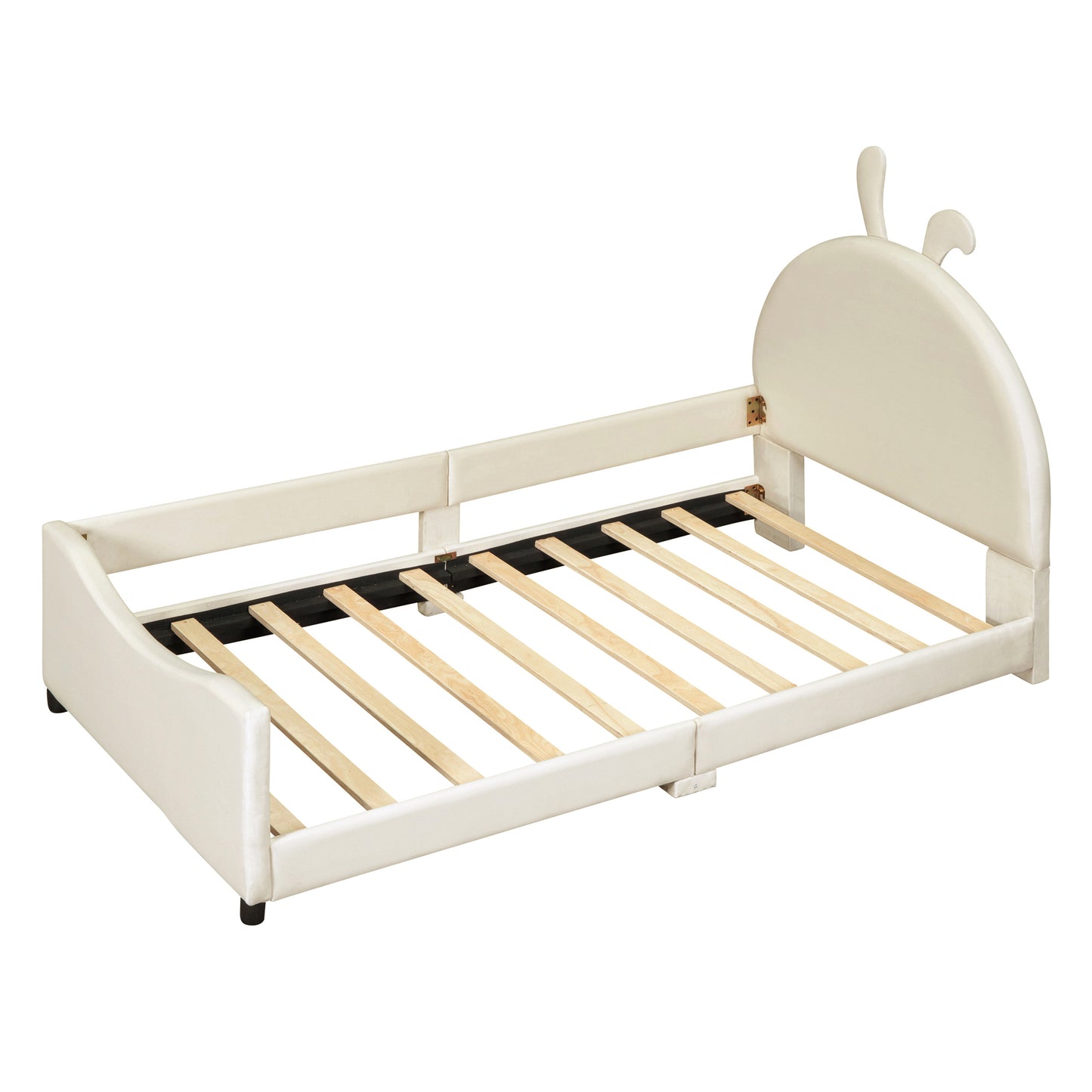 iRerts Upholstered Twin Daybed Frame for Kids, Velvet Twin Platform Bed Frame with Rabbit Ear Shaped Headboard and Footboard, Wood Twin Size Sofa Bed for Girls Boys, Beige