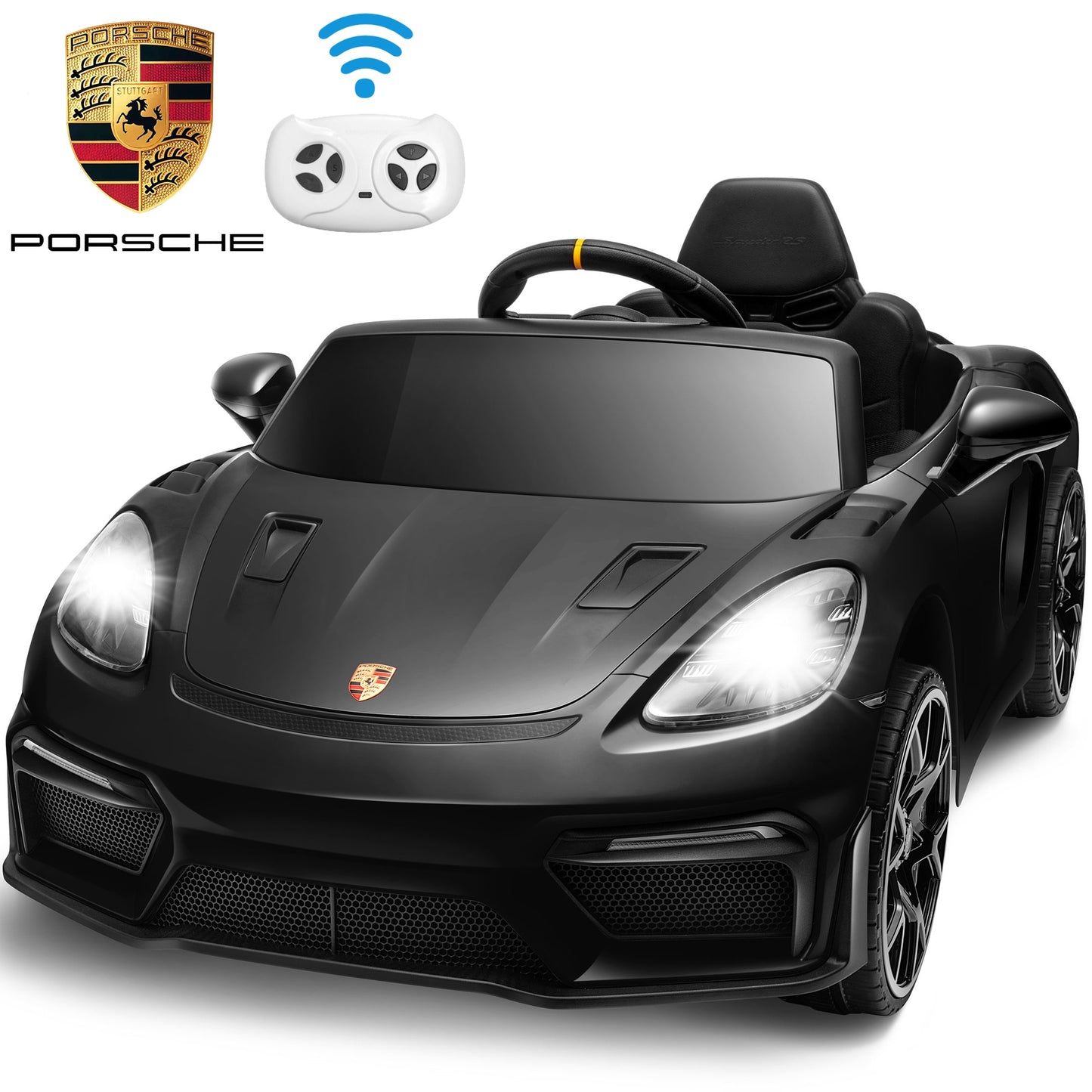 12V Powered Ride On Toys, Licensed Porsche 718 Ride on Car for Kids Boys Girls Christmas Gifts Ages 3-5, Kids Cars Electric Vehicle with Remote Control, Bluetooth, Music, LED Light, 4 Wheeler, Black