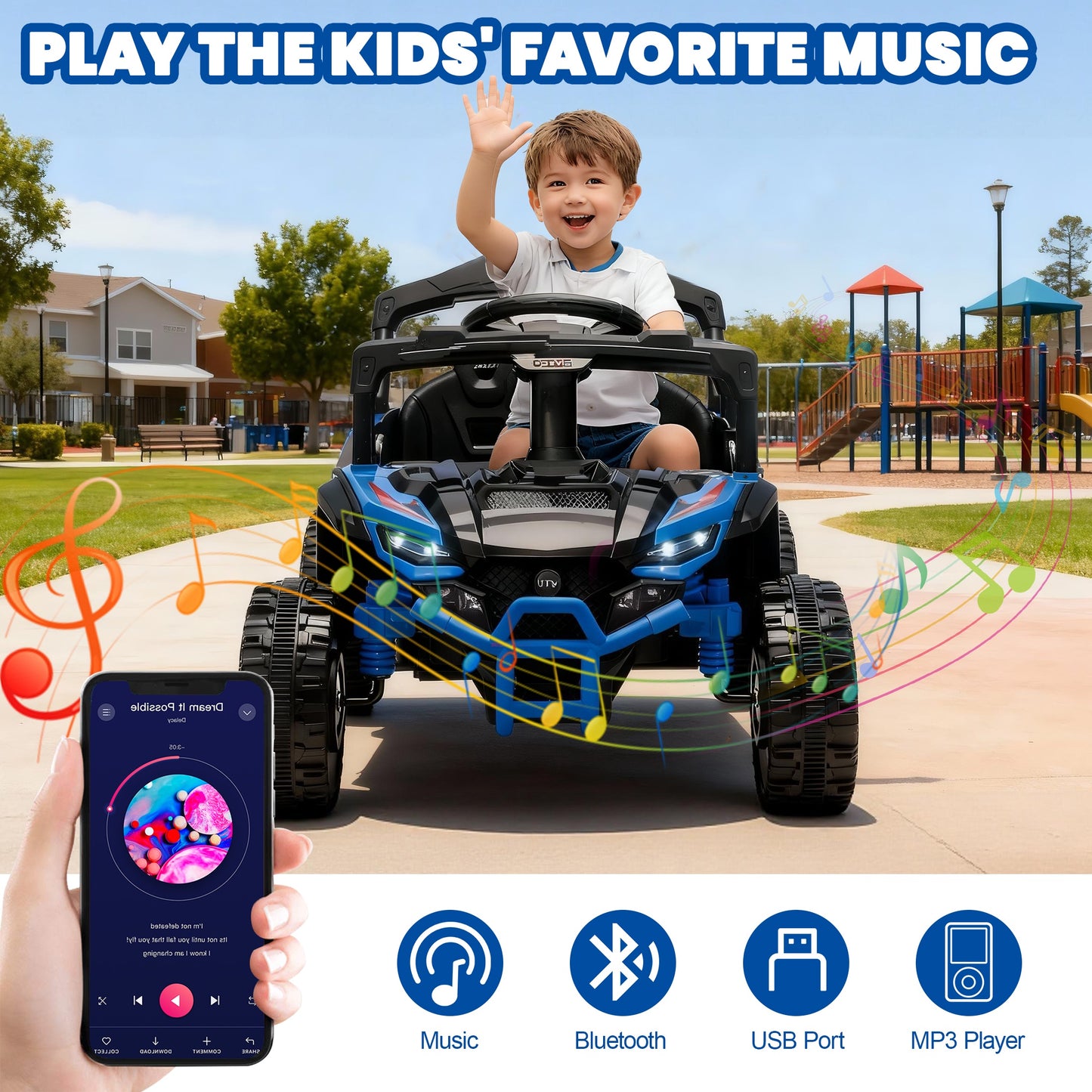 iRerts 24V Powered Ride on Car UTV, Kids Ride on Toys with Remote Control, Bluetooth, Music, 4 Wheels Suspension, LED Light, Kids Cars 4 Wheeler Electric Vehicles for Boys Girls Ages 3-5 Gifts, Blue