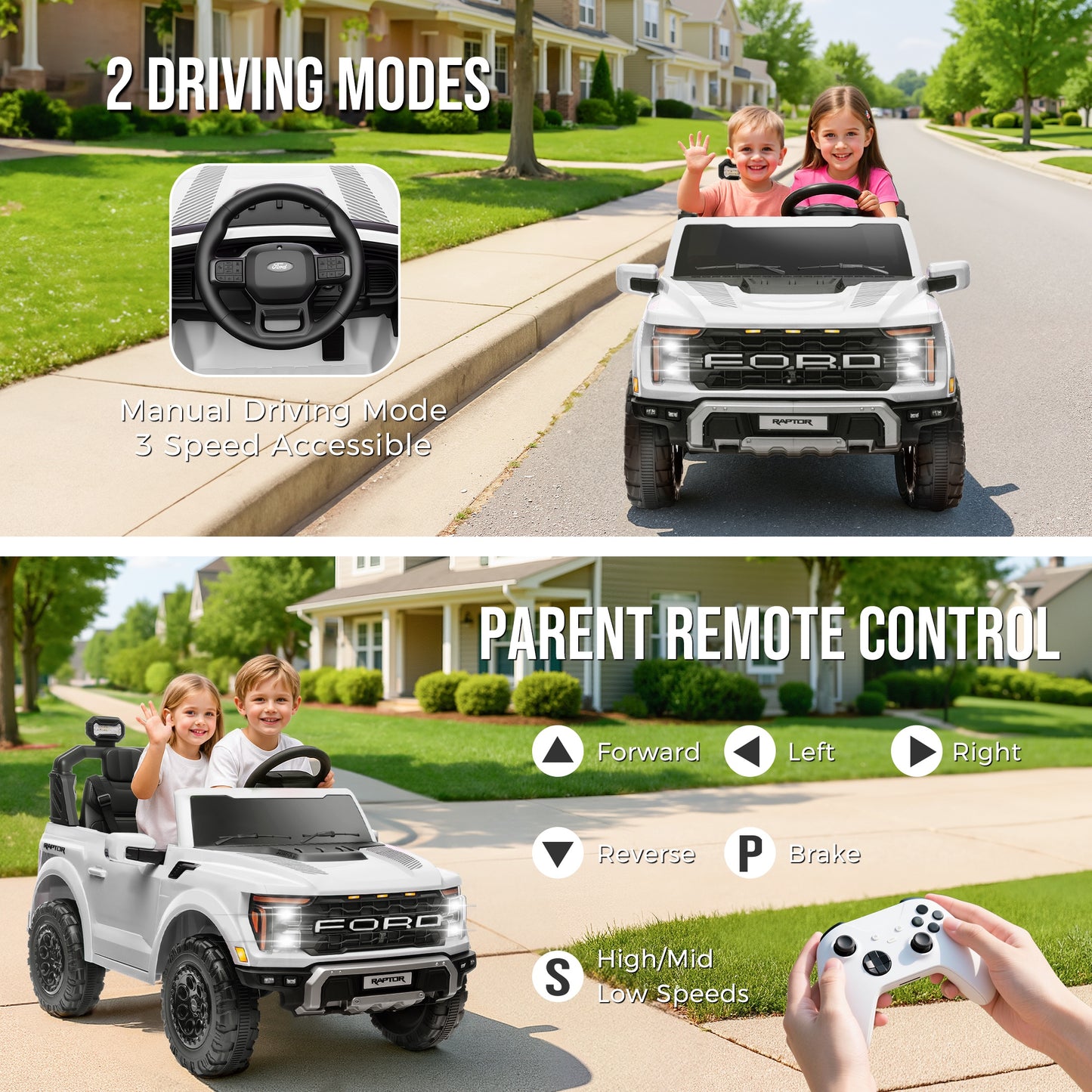 iRerts 24V Ride on Toys for Big Kids, Licensed Ford F 150 Raptor 2 Seater Ride on Cars with Remote Control, Bluetooth, FM Radio, LED Lights, 4 Wheels Suspension, Electric Car for Kids Ages 3-8, White