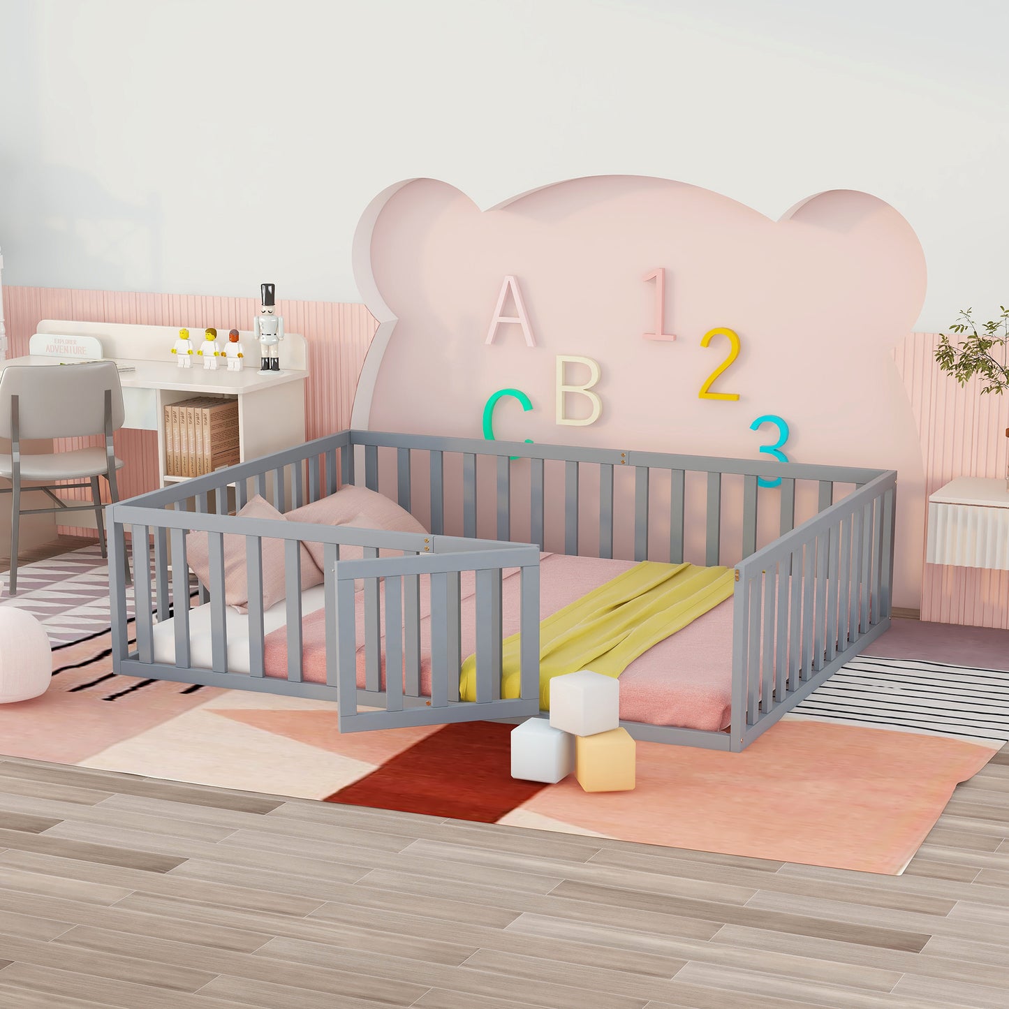 iRerts Queen Floor Bed Frame for Kids Toddlers, Wood Montessori Low Floor Queen Size Bed Frame with Fence Guardrail and Door, kids Queen Bed for Boys Girls, Spring Needed, Gray