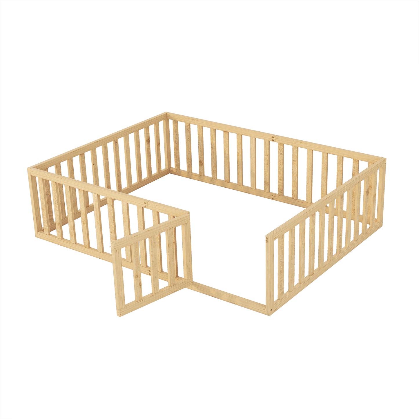 iRerts Queen Floor Bed Frame for Kids Toddlers, Wood Montessori Low Floor Queen Size Bed Frame with Fence Guardrail and Door, kids Queen Bed for Boys Girls, Spring Needed, Natural