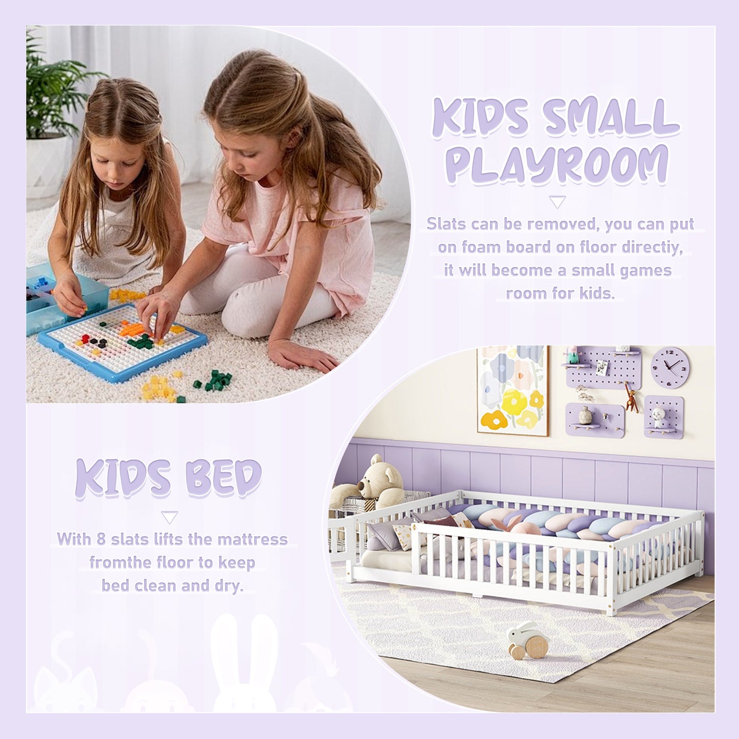 iRerts Full Floor Bed Frame for Toddlers Kids, Wood Full Montessori Bed Frame with Slats, Fence, Door, Kids Montessori Bed Full Size, Full Toddler Bed Frame for Boys Girls, White