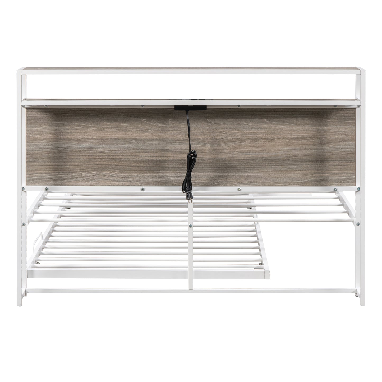 Full Size Metal Platform Bed Frame with Twin Size Trundle, Full Size Bed Frame with Storage Headboard, Outlet/USB Ports, Steel Slat Support, Full Bed Frame No Box Spring Needed for Bedroom, White