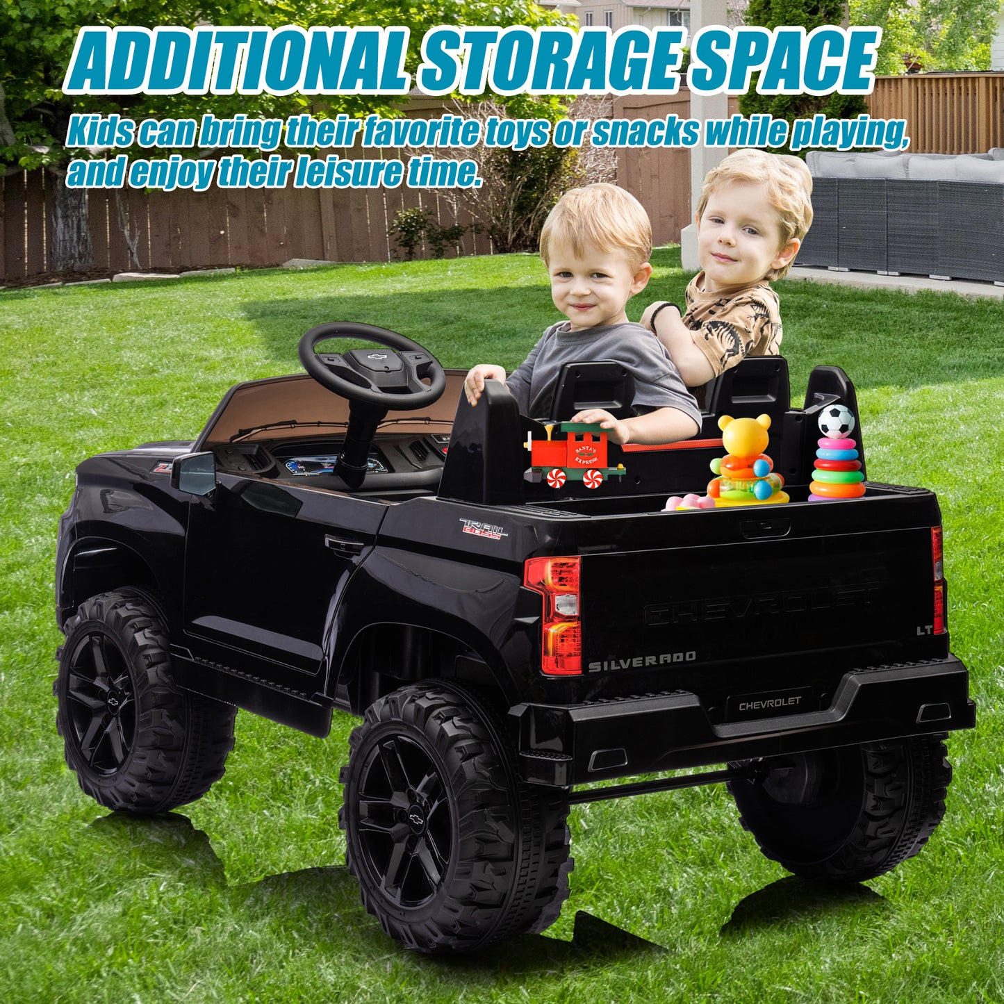 Chevrolet Silverado 24V Ride on Cars with Remote Control, 2 Seater 4 Wheels Kids Electric Cars with Bluetooth, LED Lights, Battery Powered Ride on Truck Toys for Boys Girls Christmas Gifts, Black