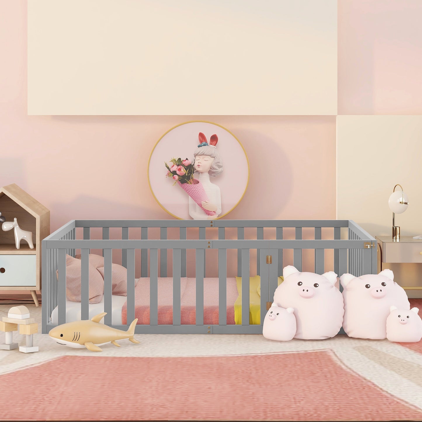 iRerts Full Floor Bed Frame for Kids Toddlers, Wood Montessori Low Floor Full Size Bed Frame with Fence Guardrail and Door, kids Full Bed for Boys Girls, Spring Needed, Gray