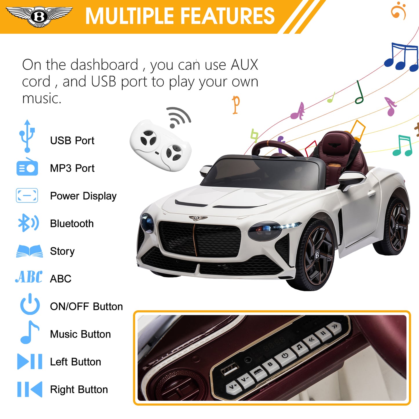 Ride on Car for Boys Girls, Bentley Mulsanne 12V Kids Electric Car Vehicle with Remote Control, Battery Powered Ride on Toys with Bluetooth, USB/MP3, LED Light, 3-6 Ages Kid Birthday Gift, White