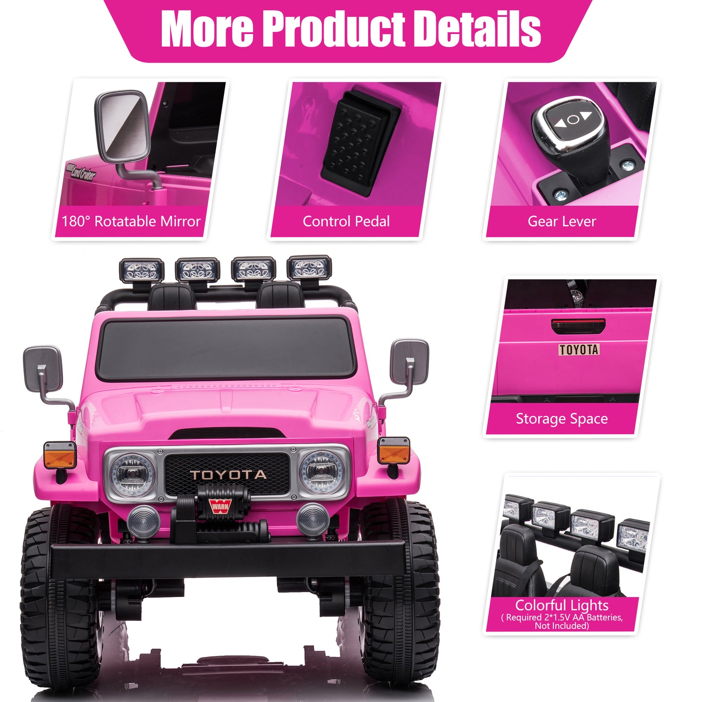 2 Seater 24 Volt Ride On Car with Remote Control, Licensed Toyota FJ40 Ride on Toys Truck for Boys Girls, Kids Electric Vehicle Cars with LED Light, Bluetooth/FM Radio/Music, 4 Wheels Suspension, Pink