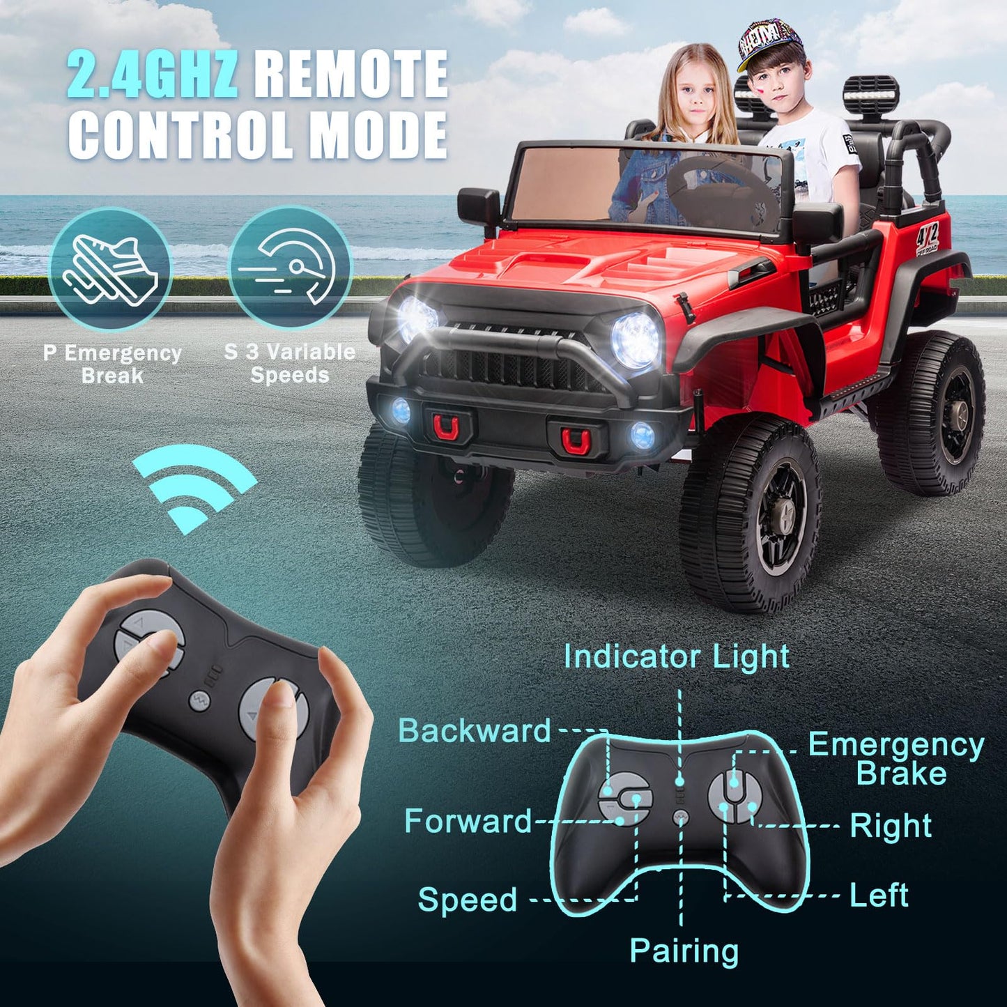 iRerts 24V 2 Seater Ride on Car, Powered Ride on Toys for Bid Kids Boys Girls Gifts, Kids Car Electric Vehicle with Remote Control, Music, Bluetooth, LED Light, USB/MP3 Port, 4 Wheel Suspension, Red