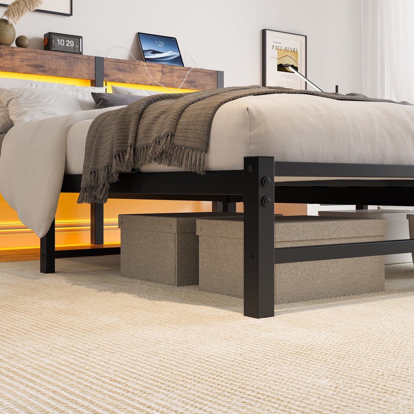 iRerts Queen Bed Frame with Headboard, Metal Platform Bed Frame Queen Size with USB Charging Station, LED Lights, Steel Slats, LED Bed Frame No Box Spring Needed for Bedroom Furniture, Brown
