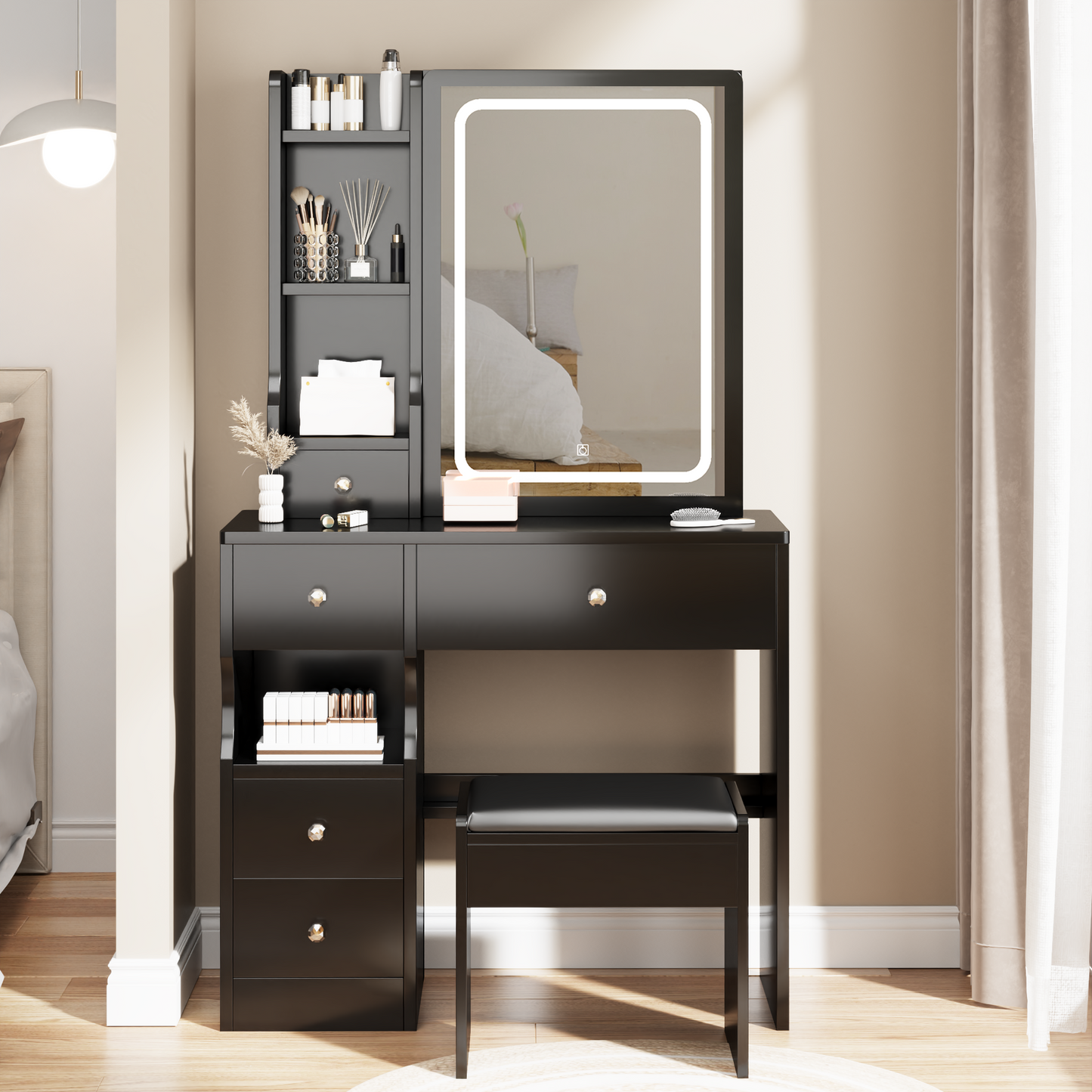 iRerts Vanity Desk with Chair, Makeup Vanity Set with LED Mirror, 3 Lighting Modes Brightness Adjustable, Shelf and Drawers, Makeup Vanity Desk Dressing Table Set for Bedroom Small Space, Black