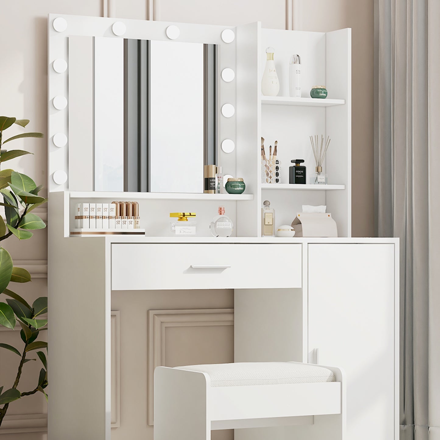 iRerts Vanity Desk with Mirror and LED Lights, White Makeup Table with Stool, Large Drawer and 3 Storage Dressers, 3 Lighting Modes Adjustable Brightness, Makeup Table Set Dressing Table for Bedroom