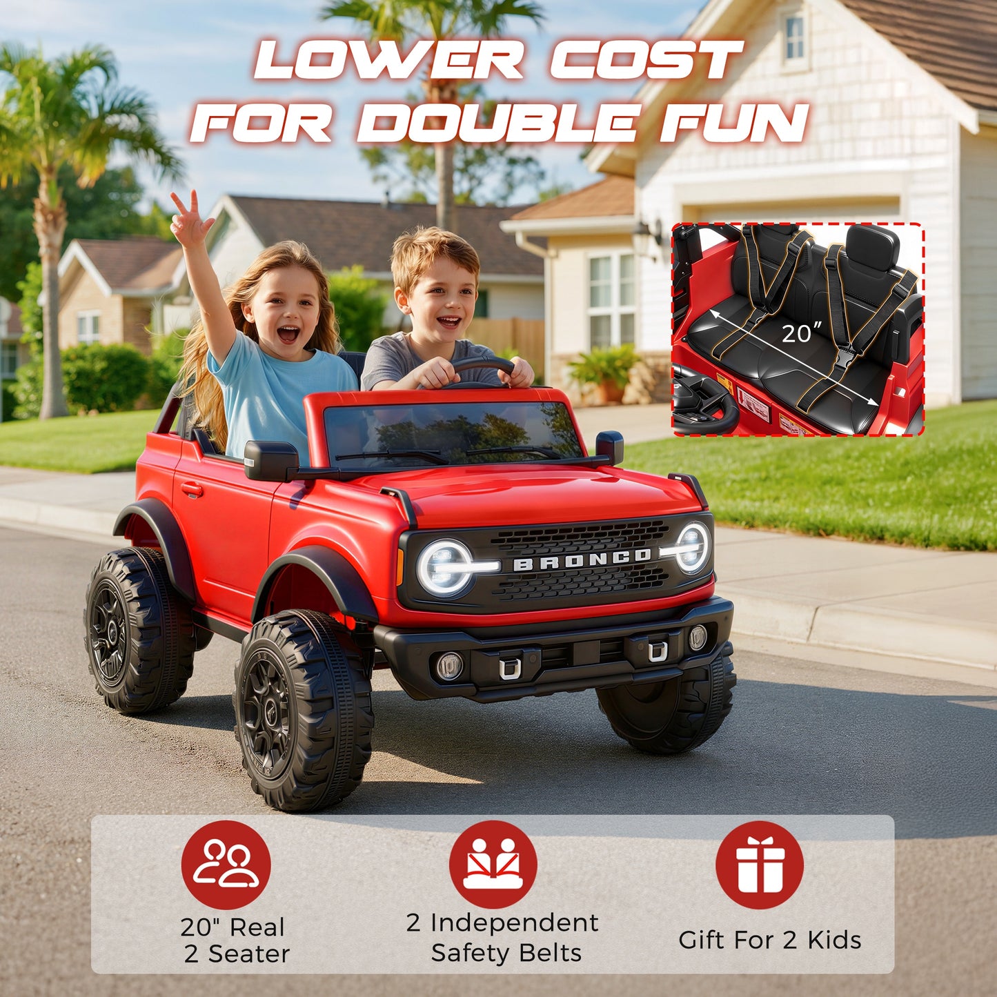 iRerts 2 Seater Ride on Cars, Licensed Ford Bronco Base 24V Ride on Toys for Big Kids Ages 3-8, Powered Kids Car Electric Vehicle with Remote Control, Bluetooth, LED Lights, 4 Wheel Suspension, Red