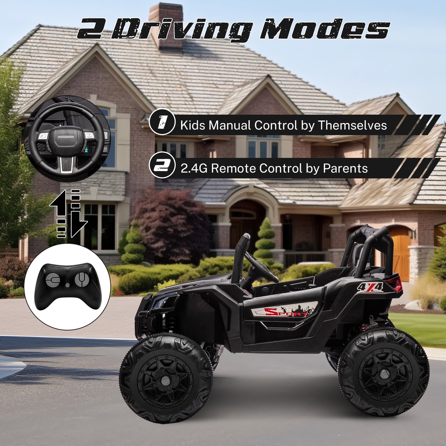 iRerts 24V Ride on UTV Cars 2 Seater, Kids Electric Ride on Toy Car with Remote Control, Music, LED Light, USB, Bluetooth, Kids Electric Vehicle for Christmas Birthday Gifts, Black