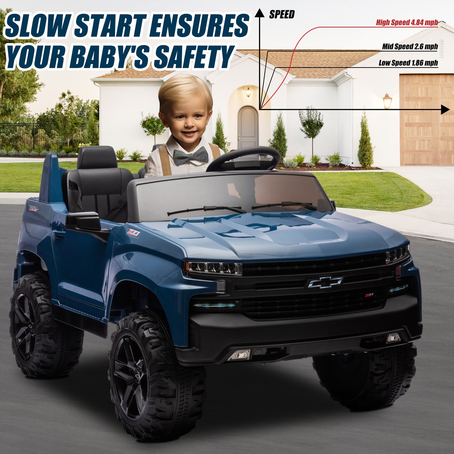 Chevrolet Silverado 24V Ride on Cars with Remote Control, 2 Seater 4 Wheels Kids Electric Cars with Bluetooth, LED Lights, Battery Powered Ride on Truck Toys for Boys Girls Christmas Gifts, Blue