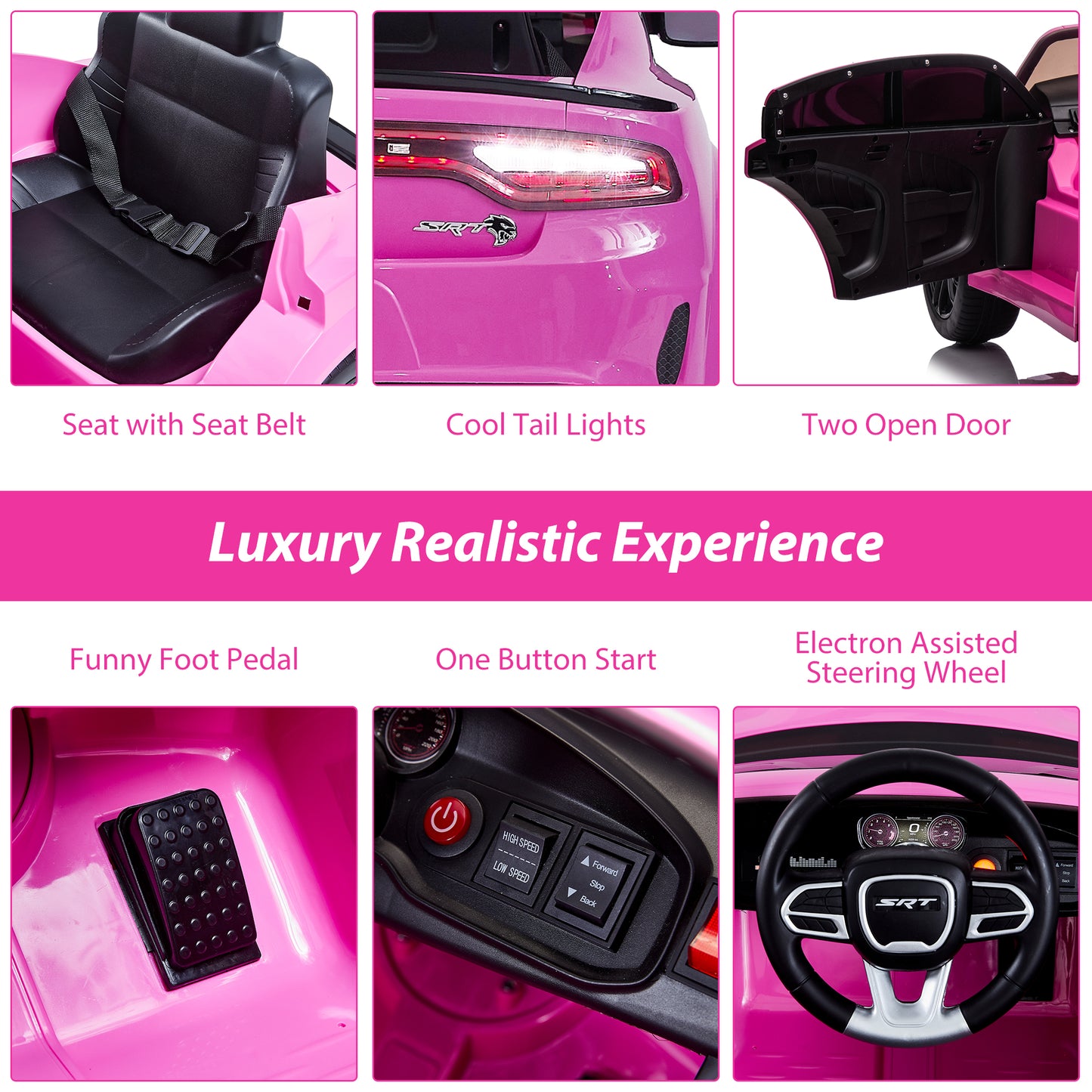 iRerts 12V Pink Dodge Charger Ride On Cars with Remote Control,  Kids Ride on Toys with Bluetooth, Music, LED Light, USB, MP3, 4 Wheel Suspension, Electric Cars for Kids Boys Girls Birthday Gifts