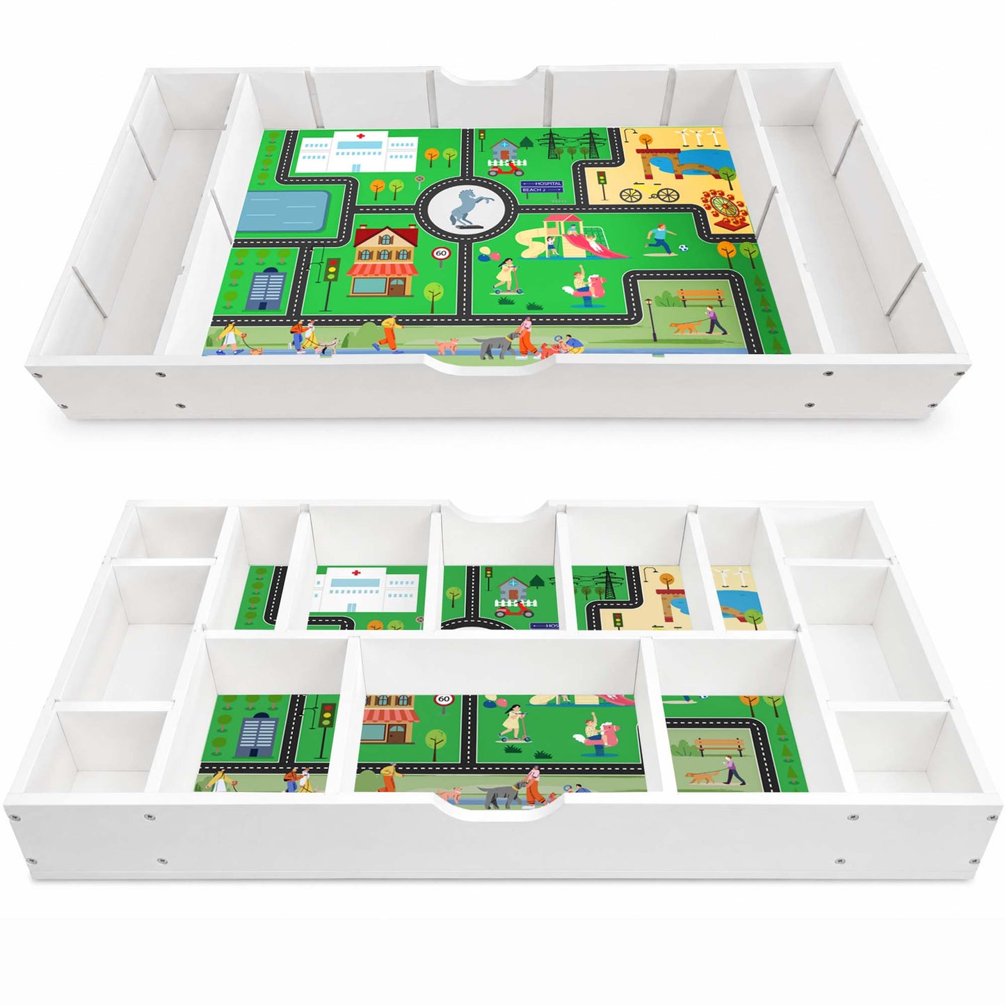 Kids Activity Table, 3 in 1 Reversible Kids Play Table with Building Bricks, Whiteboard, City Road Map, Toy Organizer Compatible, Wood Building Block Desk for Drawing, Reading, Arts, Crafts, White