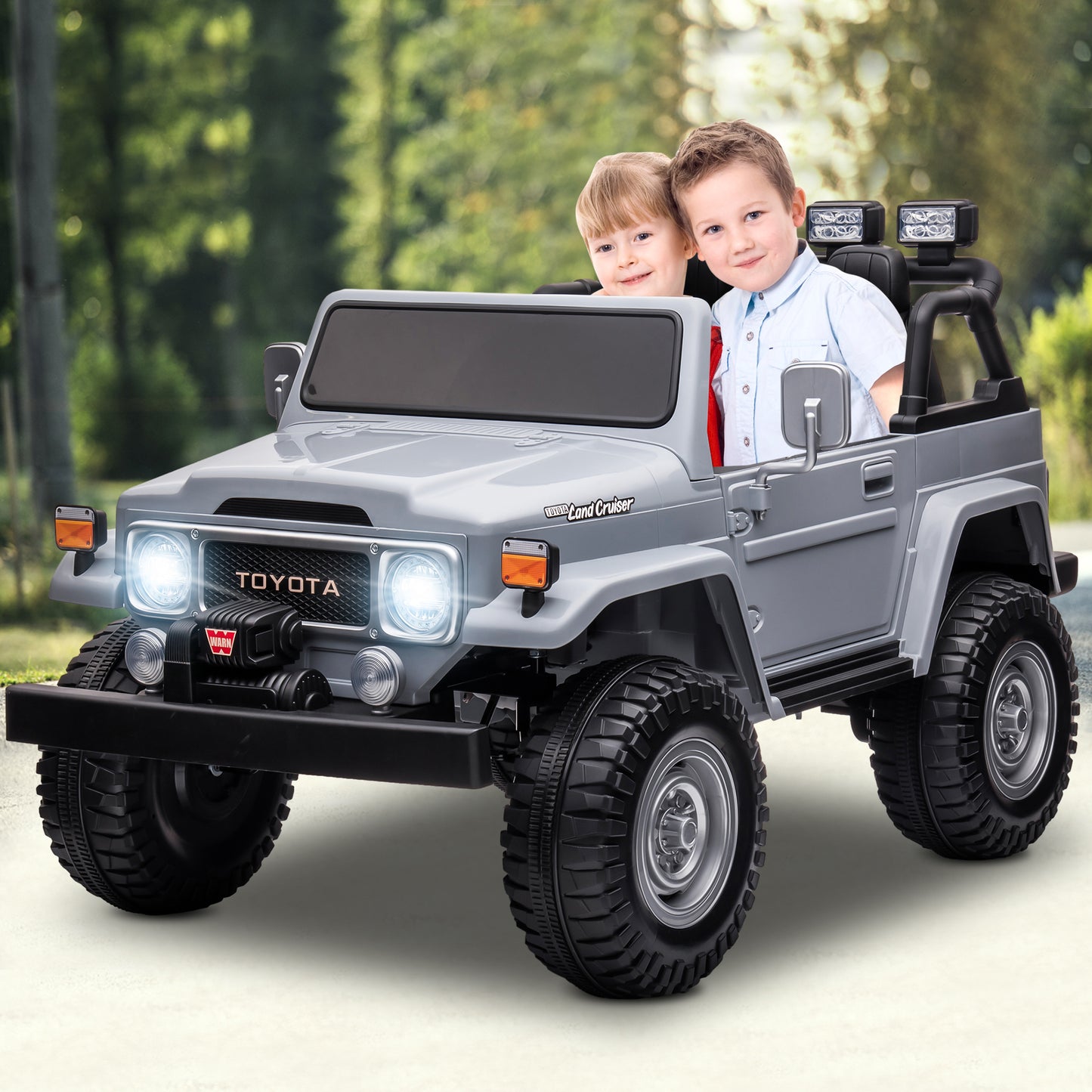 2 Seater 24 Volt Ride On Car with Remote Control, Licensed Toyota FJ40 Ride on Toys Truck for Boys Girls, Kids Electric Vehicle Cars with LED Light, Bluetooth/FM Radio/Music, 4 Wheels Suspension, Gray