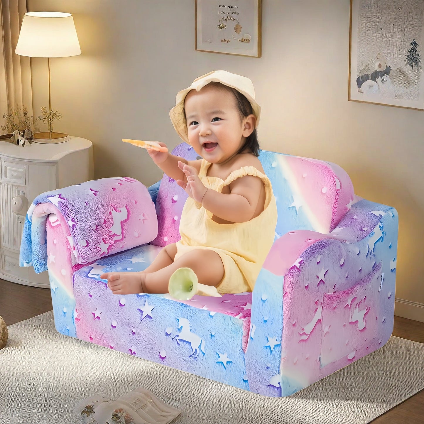 iRerts Kids Sofa, 2-in-1 Soft Toddler Couch Fold Out, Compression Modular Kids Sofa Convertible Sofa to Lounger, Kids Couch Foldable Kids Chair for Girls Boys Age 3-6, Pink